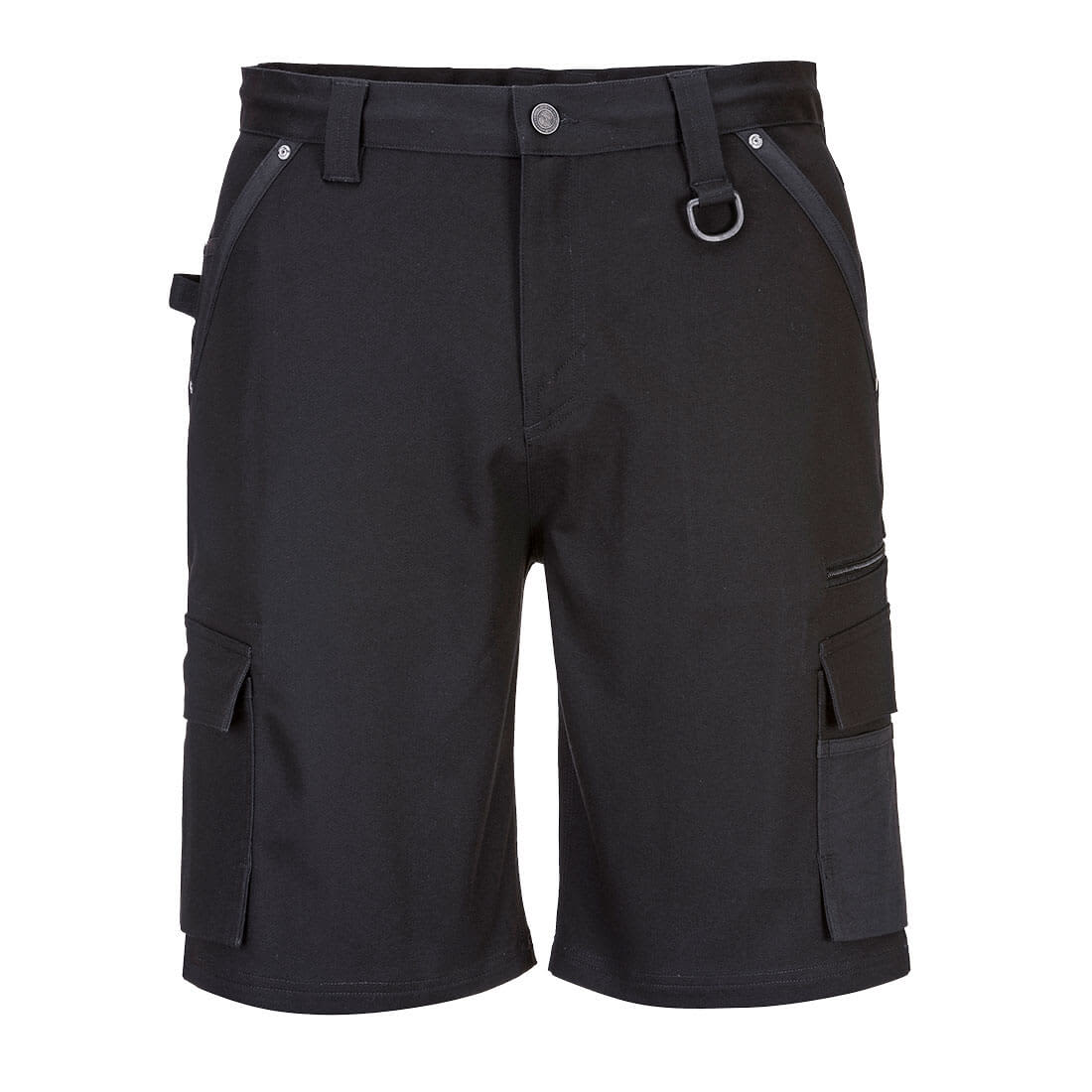 Slim fit work shorts in black, featuring multiple pockets and a sleek design. Includes a logo on the waistband. KX3 Stretch Slim Fit Shorts - Image 1