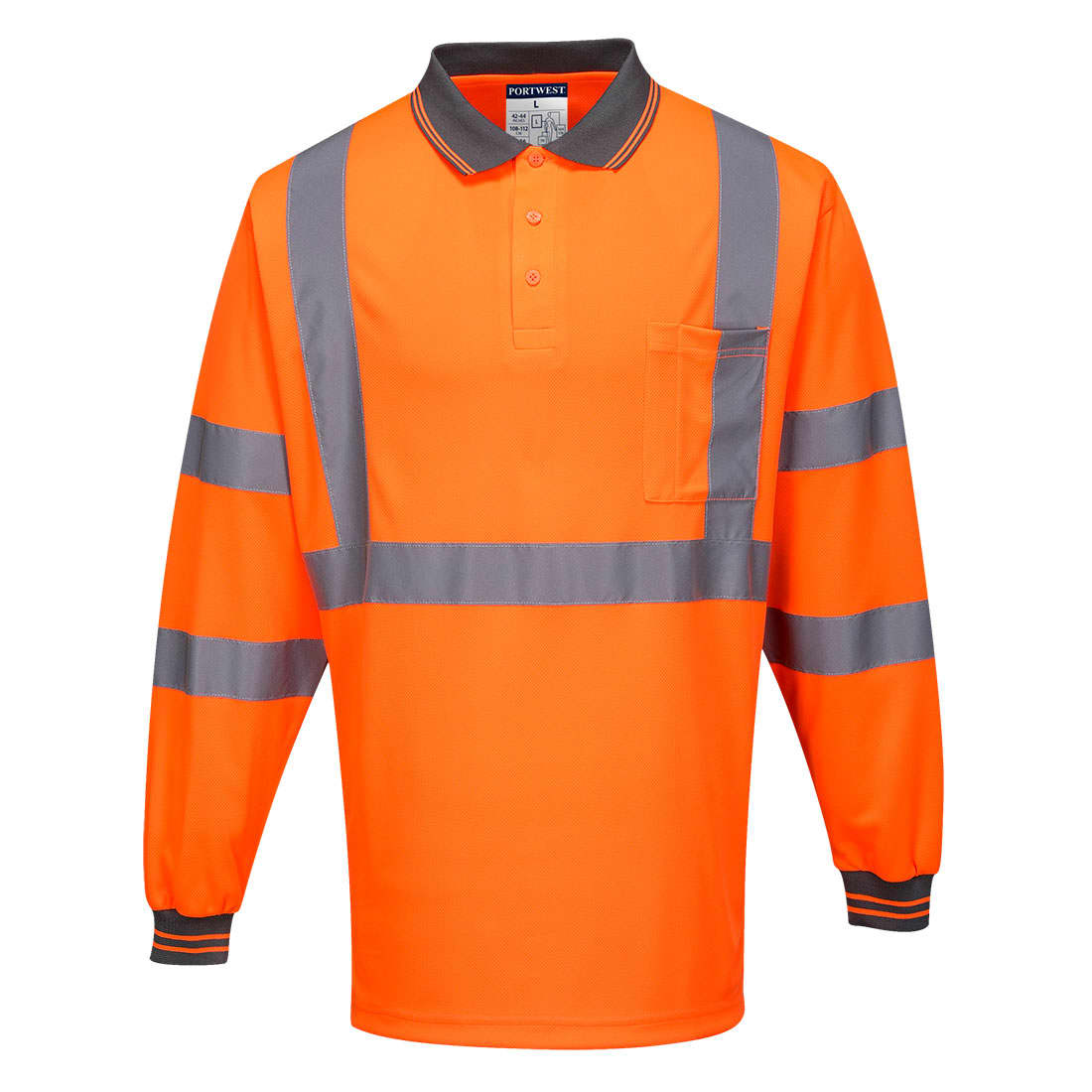 An orange long-sleeve polo shirt with reflective grey stripes and a pocket, featuring a branded logo. Hi-Vis X Back Polo Shirt L/S - Image 1