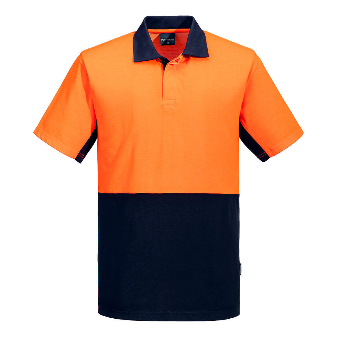 A short-sleeved polo shirt featuring a high-visibility orange upper section and a navy blue lower section, with a branding logo. Hi-Vis Contrast Class D Polo Shirt S/S - Image 1