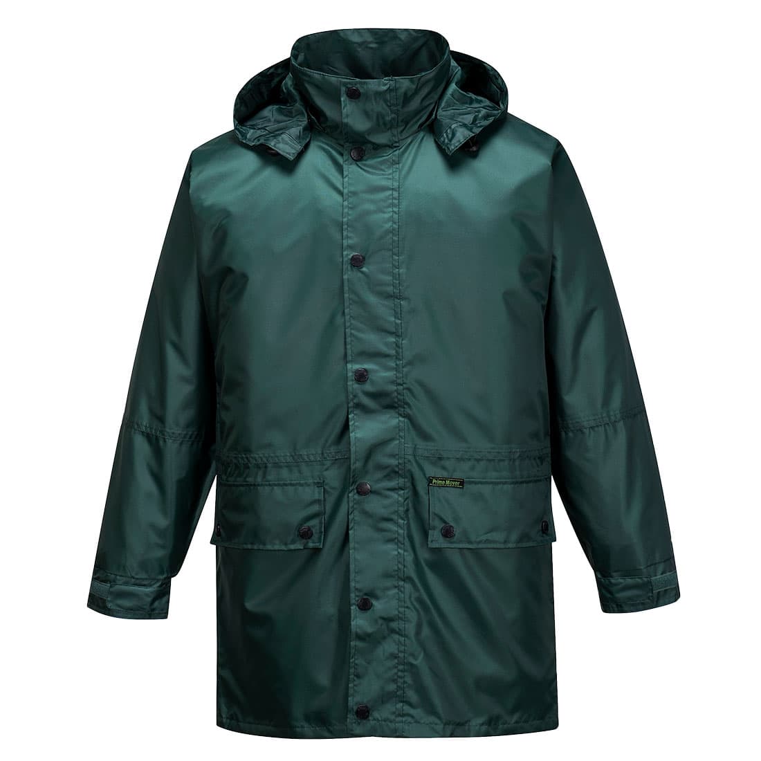 A green rain jacket with a hood, featuring buttons and front pockets, along with a branding logo. Carey Rain Jacket - Image 1
