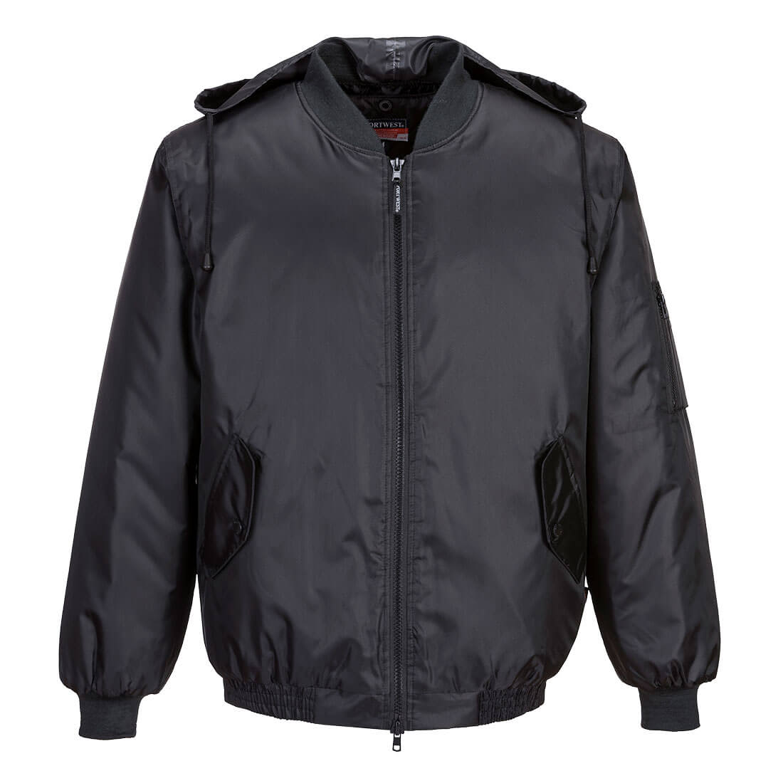 A black bomber jacket featuring a zip front, two side pockets, and a logo on the sleeve. Rain Bomber Jacket - Image 1