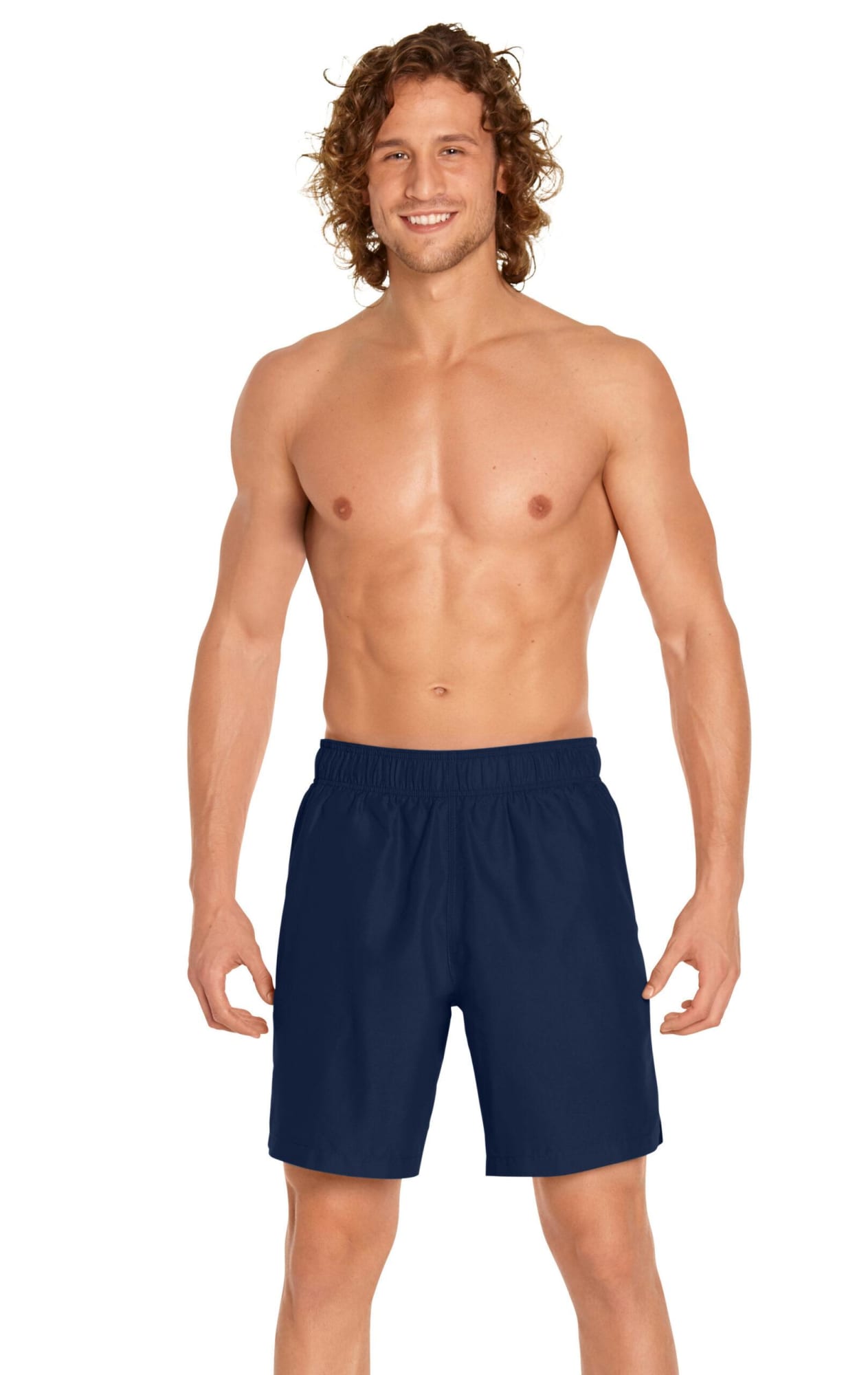 Men's navy swim trunks featuring an elastic waistband and a logo, designed for sun protection with UPF 50+. Men's Volley Swim Trunk UPF 50+ - Image 1