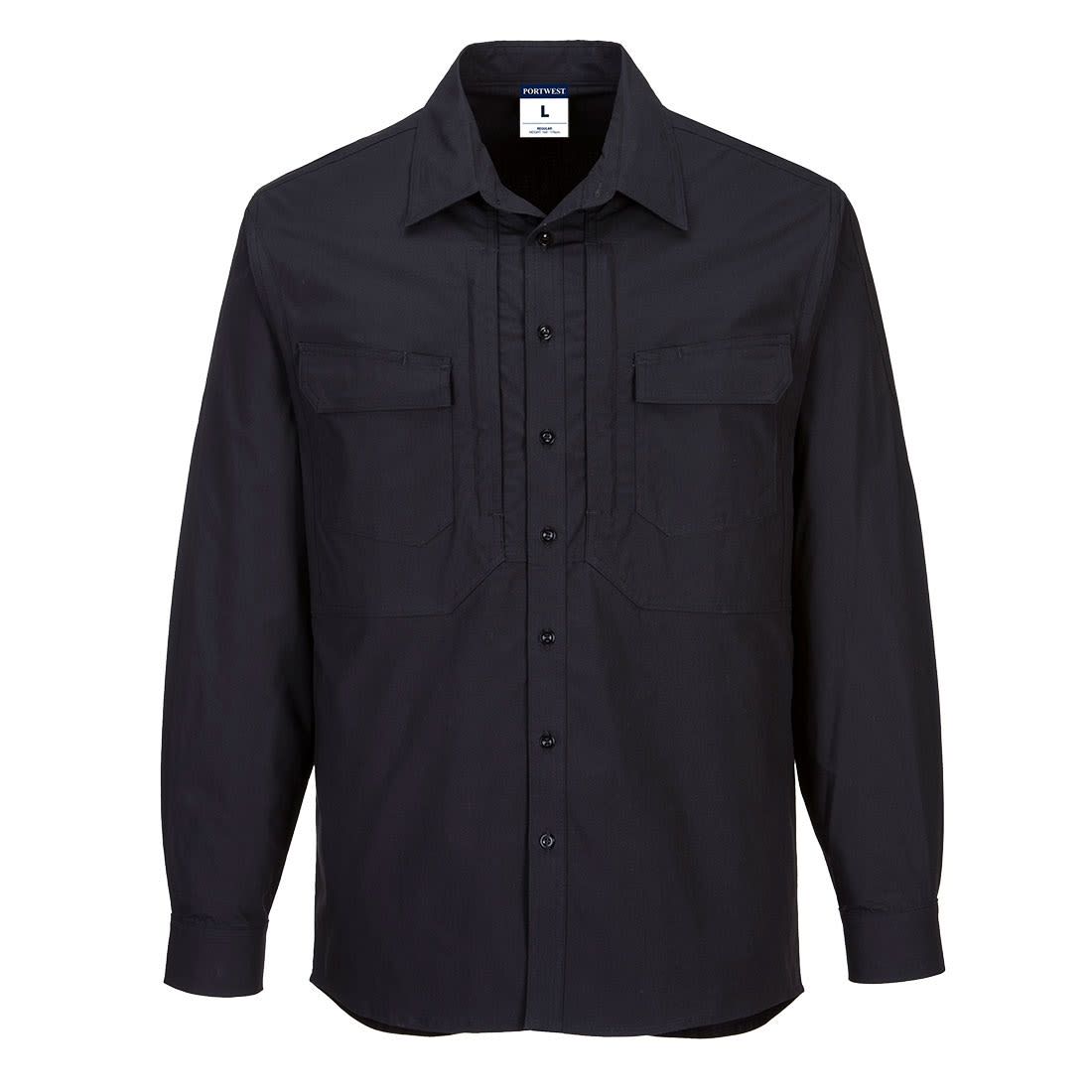 A long-sleeve black work shirt featuring two front pockets and a button-up design, with a logo on the label. Utility Stretch Long Sleeve Shirt - Image 1