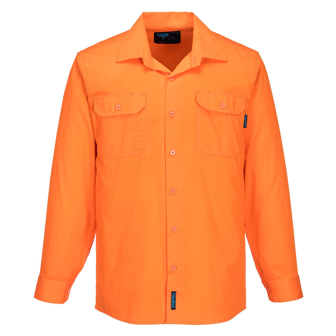 A long-sleeve, lightweight work shirt in bright orange, featuring two front pockets and a logo. Hi-Vis Lightweight Long Sleeve Shirt - Image 1