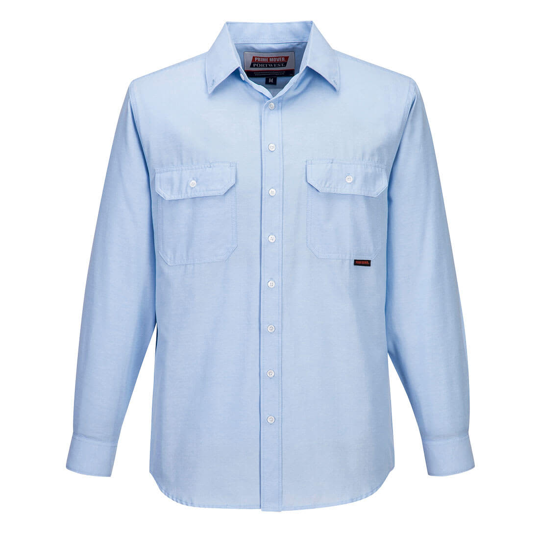 A light blue long-sleeve chambray shirt with two chest pockets and a logo. Sydney Shirt, Long Sleeve, Light Weight - Image 1