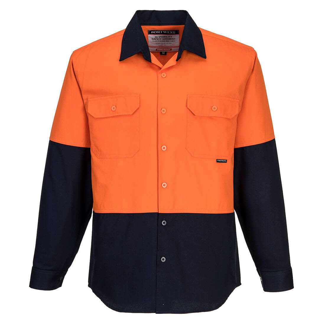 A long-sleeve cotton work shirt in vibrant orange and black, featuring two front pockets and a logo. Canberra Hi-Vis Contrast Class D Shirt L/S - Image 1