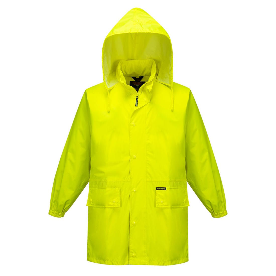 A bright yellow wet weather suit with a hood and front pockets, featuring a logo on the jacket. Hi-Vis Class D Rain Suit - Image 1