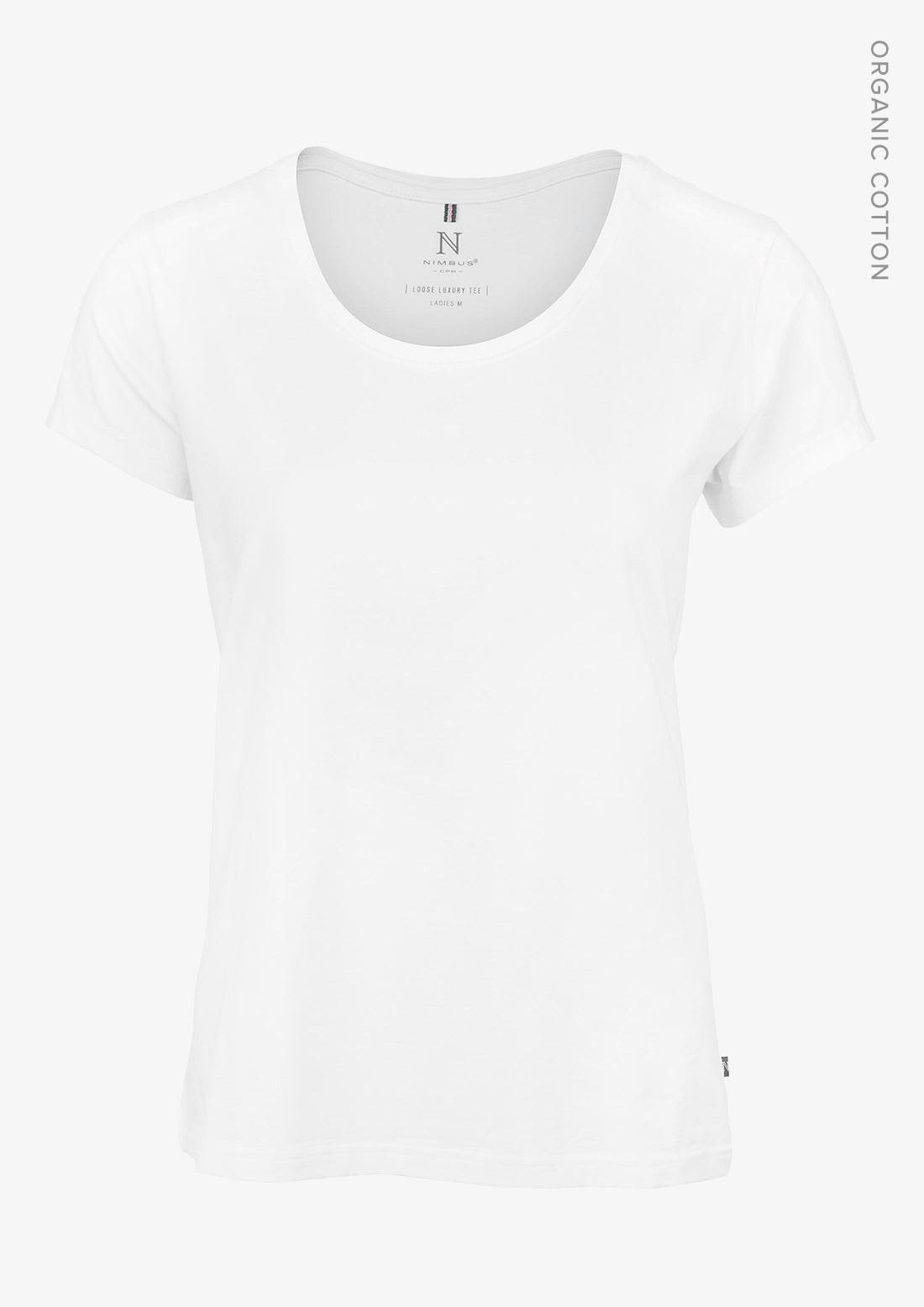 A white women's T-shirt made from organic cotton, featuring a round neckline and short sleeves. It has a logo. Montauk Women T-Shirt - Image 1