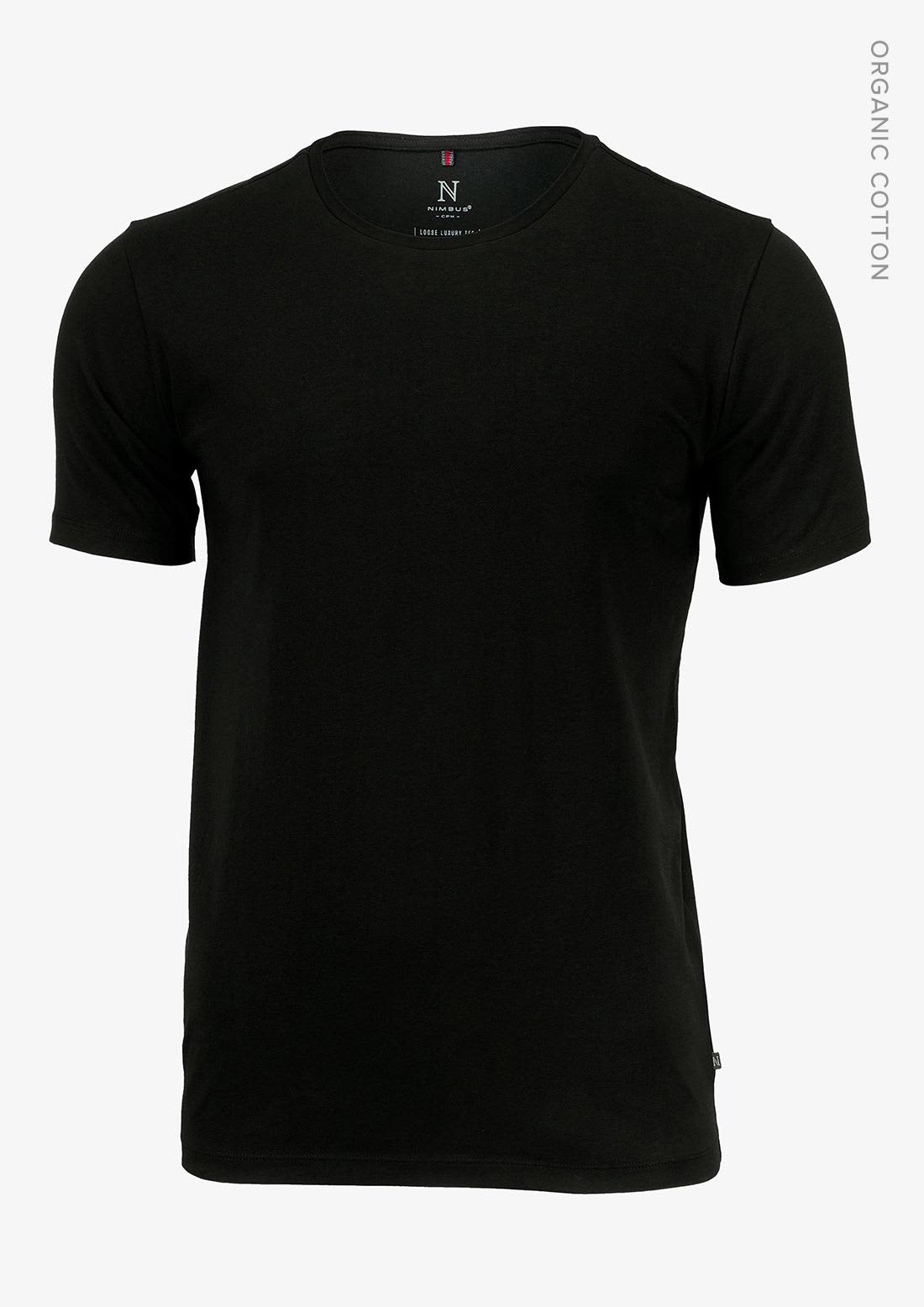 A black men's T-shirt in a classic crew neck design, made from organic cotton, with a logo on the label. Montauk Men T-Shirt - Image 1