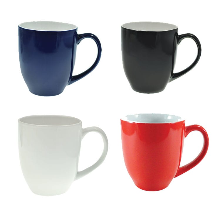 A set of four coffee mugs in navy blue, black, white, and red, each with a handle and a glossy finish. Coffee Mug - Image 1