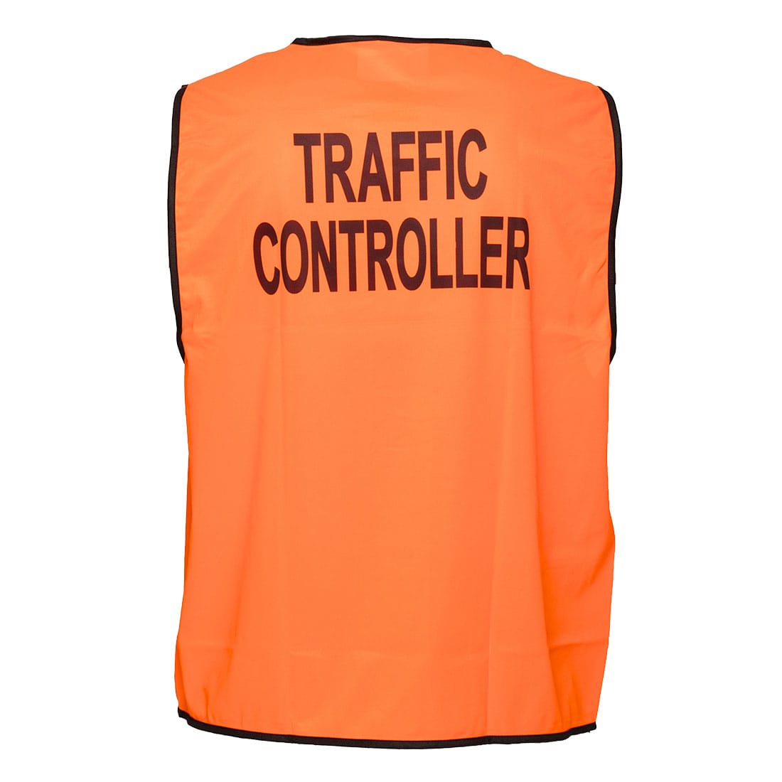 An orange traffic control vest with black borders and a logo, designed for safety wear. Hi-Vis Class D Traffic Controller Vest - Image 1
