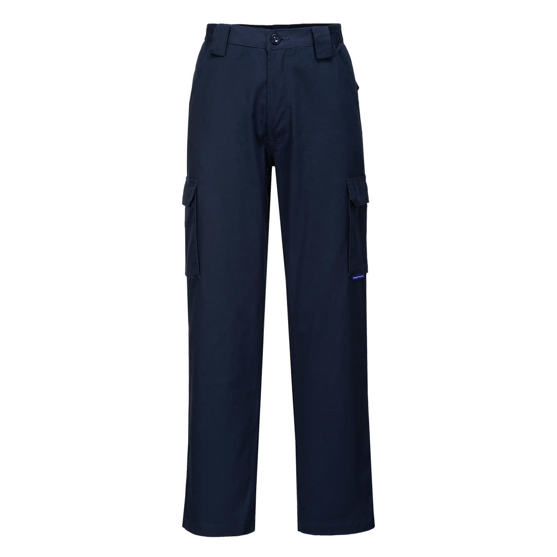 Flame retardant cargo pants in navy blue, featuring multiple pockets and a branded logo. Bizflame FR Cargo Pants - Image 1