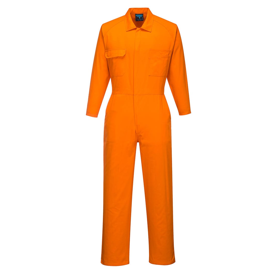 An orange lightweight coverall with long sleeves, a chest pocket, and a logo on the front. Hi-Vis Class D Coverall - Image 1