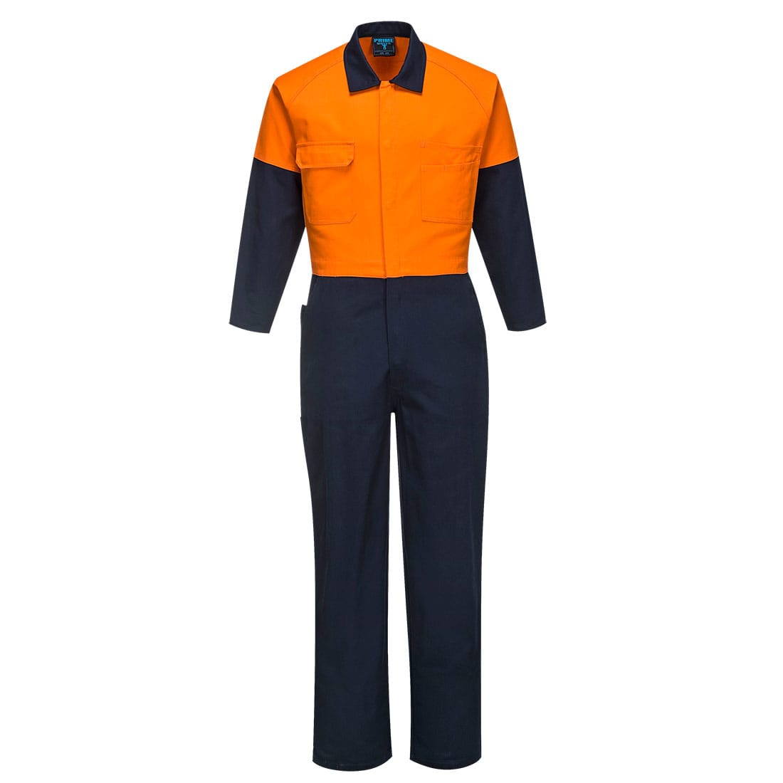 A Cotton Coverall in orange and navy, featuring long sleeves and multiple pockets, with a logo on the chest. Hi-Vis Contrast Class D Coverall - Image 1