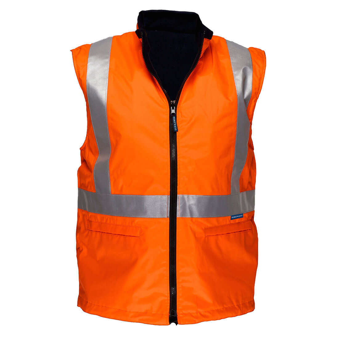 An orange cross back bodywarmer with reflective strips and a zip front, featuring a logo. TTMC-W17 Hi-Vis X Back Reversible Vest - Image 1