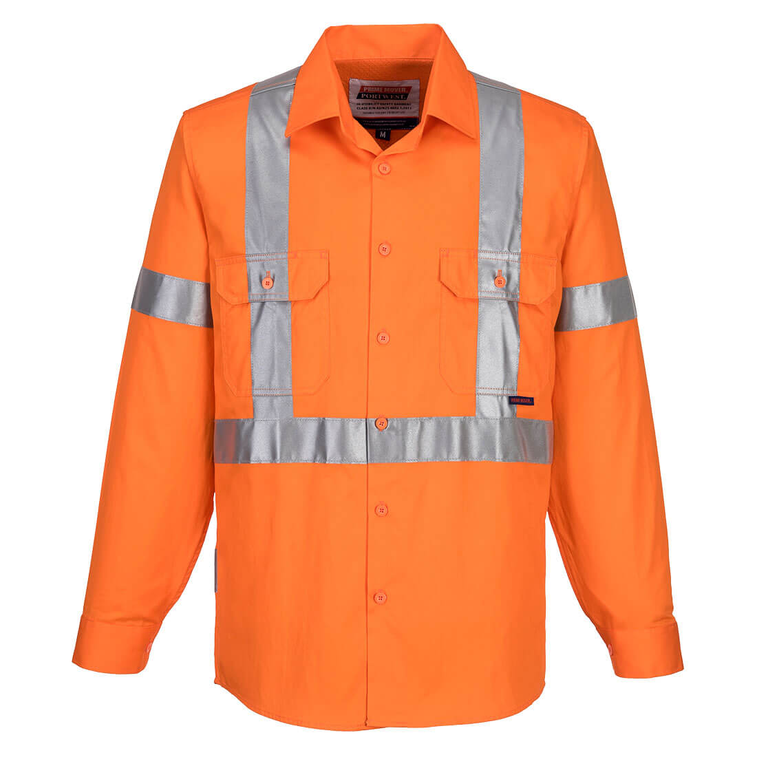 An orange long-sleeved work shirt with silver reflective stripes and two front pockets, featuring a logo. Hi-Vis Lightweight X Back Shirt L/S - Image 1