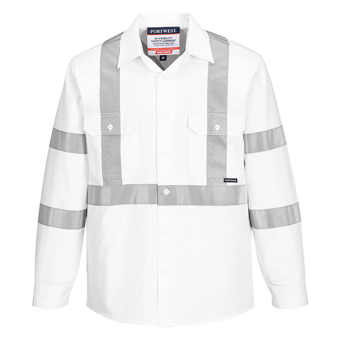 A white long-sleeved cotton drill shirt featuring grey reflective stripes and two chest pockets. The shirt has a logo. Hi-Vis X Back Class N Shirt L/S - Image 1