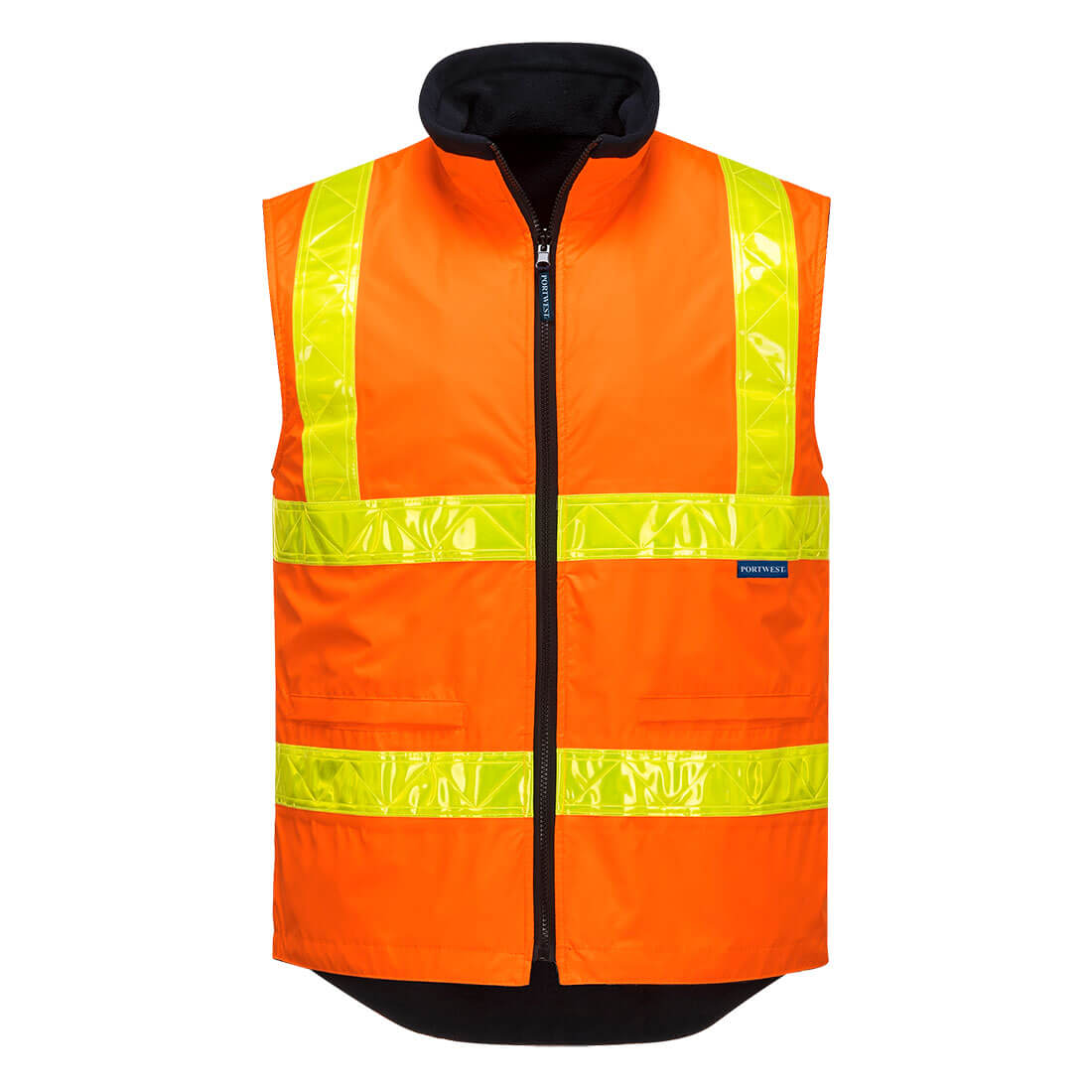 An orange bodywarmer with reflective yellow stripes and a black collar, featuring a logo. Hi-Vis Polar Fleece Lined Vic Roads Reversible Vest - Image 1