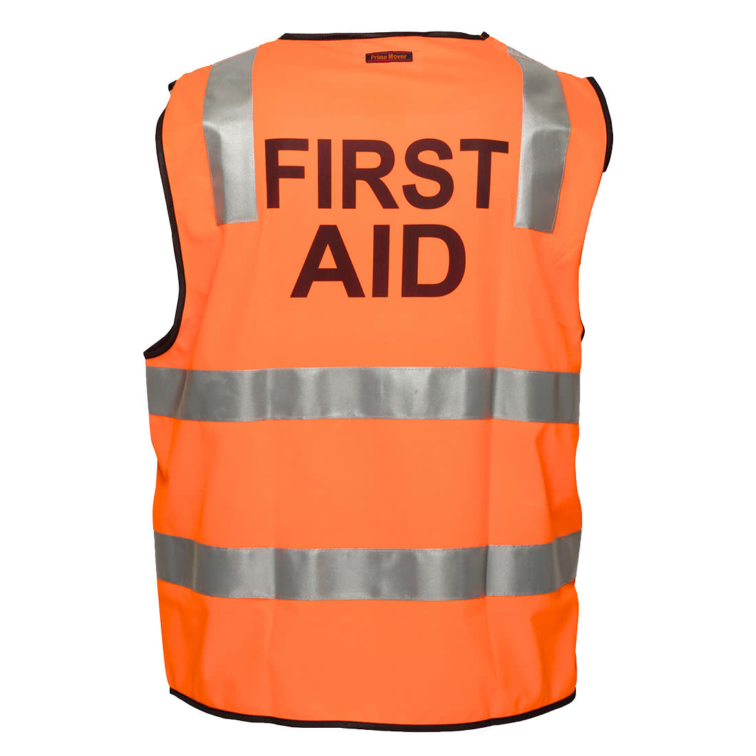 An orange safety vest with reflective stripes, featuring the words "FIRST AID" on the back and a logo. Hi-Vis Zipped First Aid Vest - Image 1