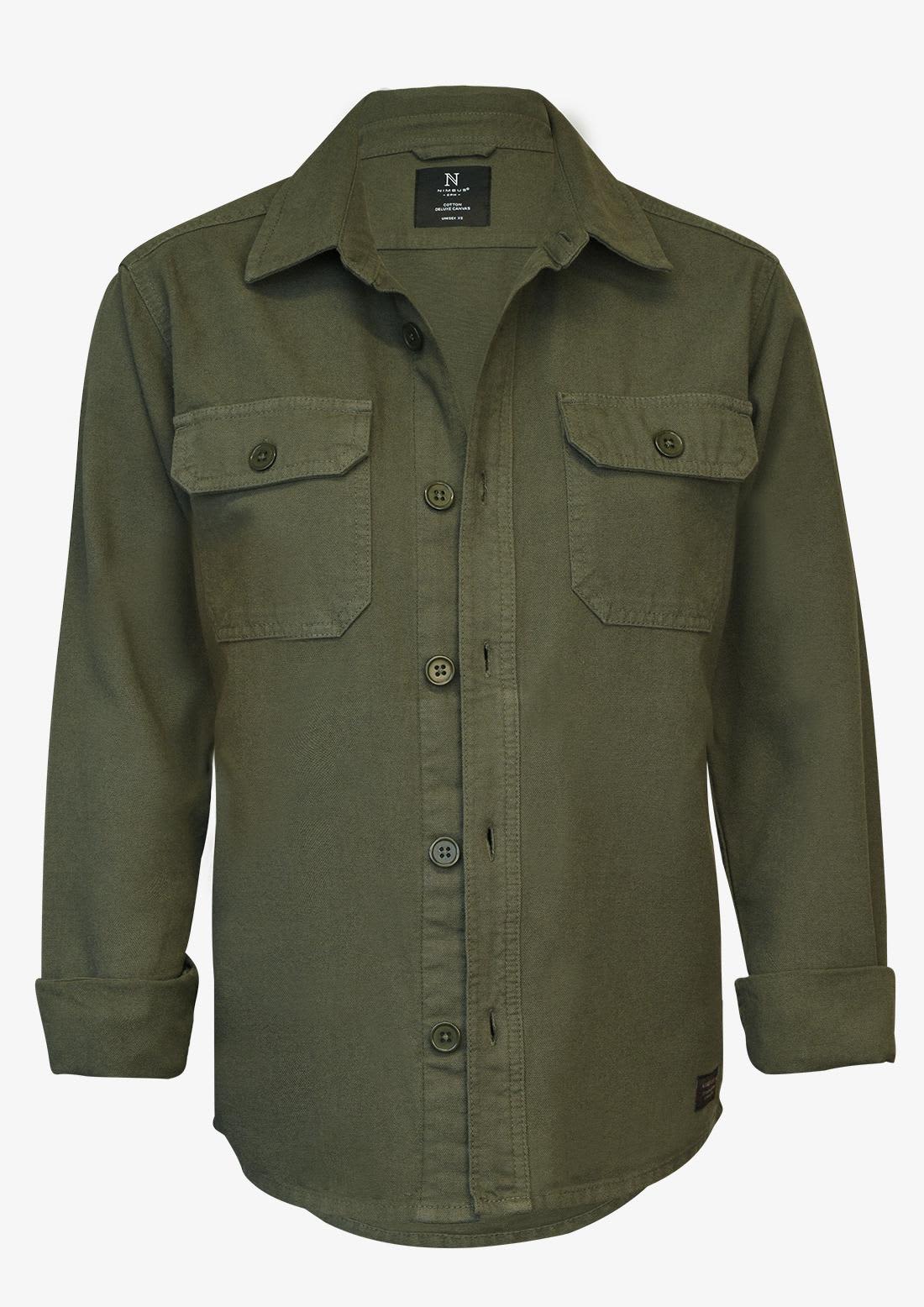 An olive green unisex shirt with a button-up front and two chest pockets. Features long sleeves and a collar. Napa Unisex Shirt - Image 1