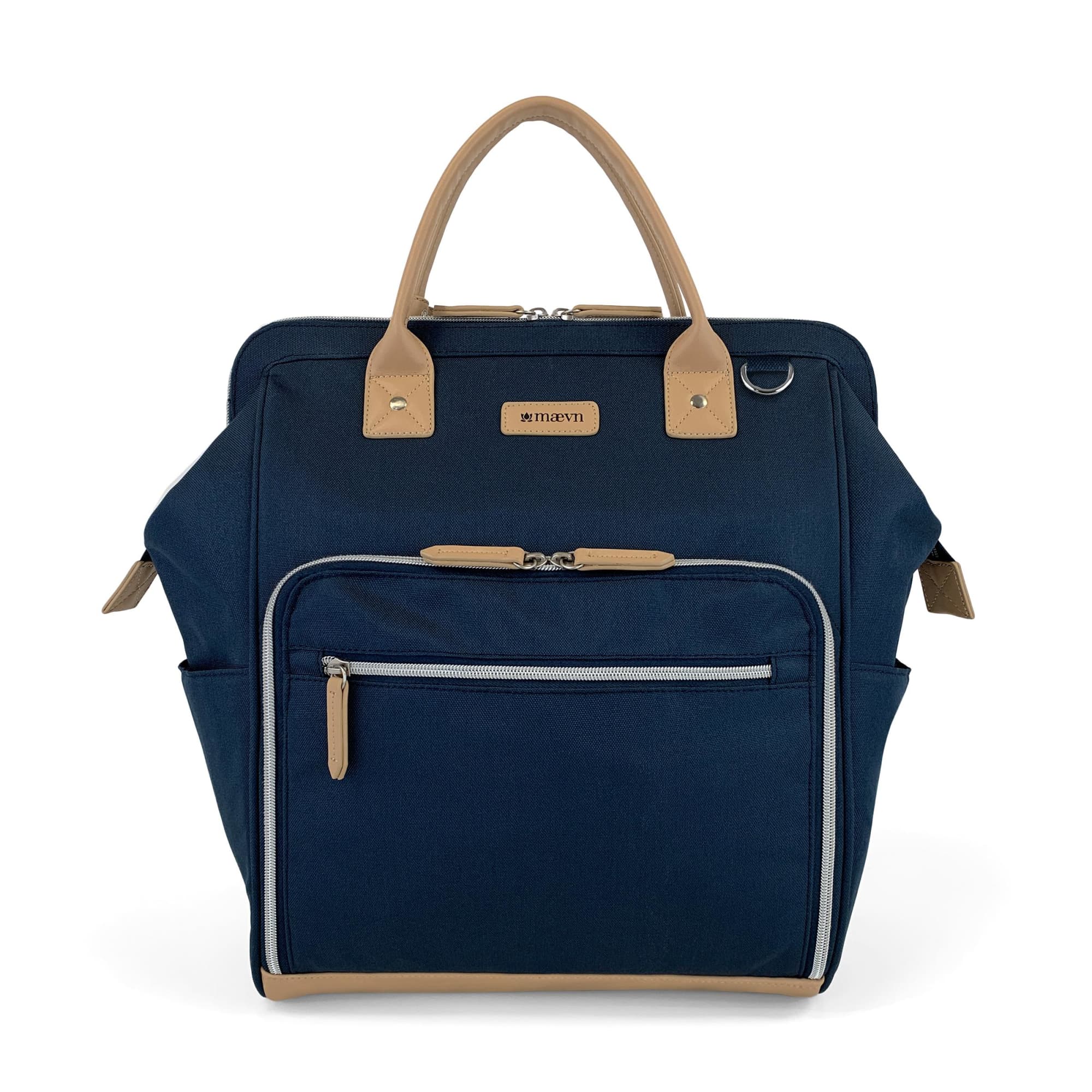 A navy blue clinical backpack with tan accents, featuring multiple zippered compartments and a sleek design. ReadyGo Bag Clinical Backpack - Image 1
