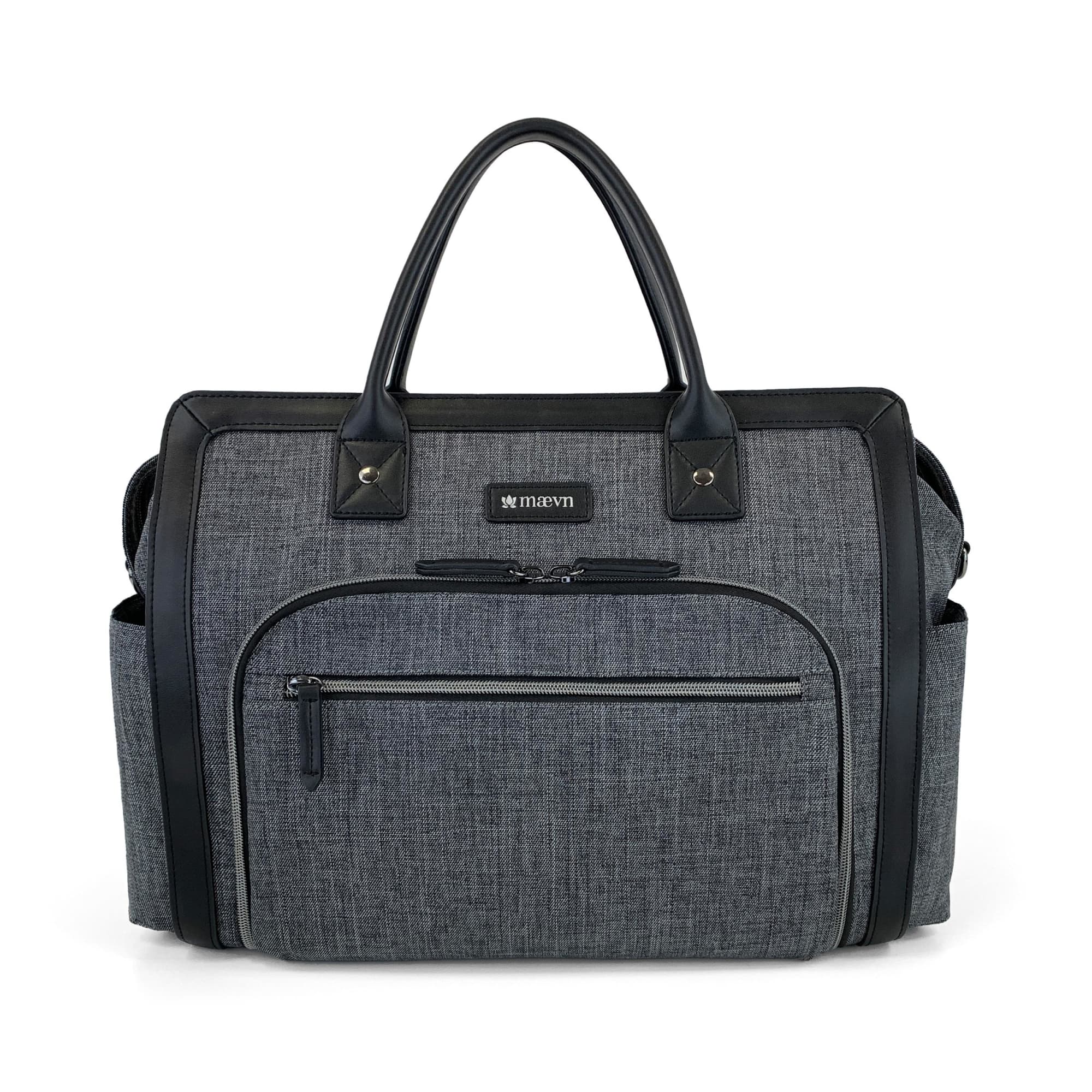 A grey fabric satchel with black faux leather handles and zippers, featuring a front pocket and a logo. ReadyGo Bag Doctors Satchel - Image 1