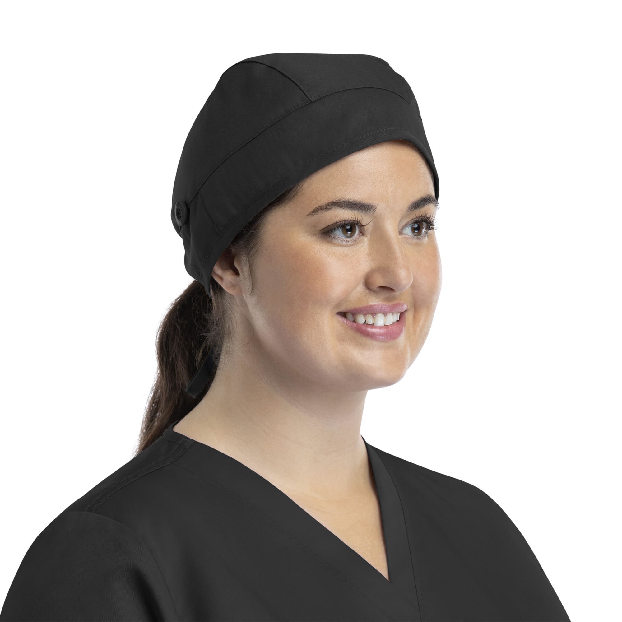 A black cap with a button worn by a smiling woman, featuring a sleek design suitable for professional settings. Cap with Button - Image 1