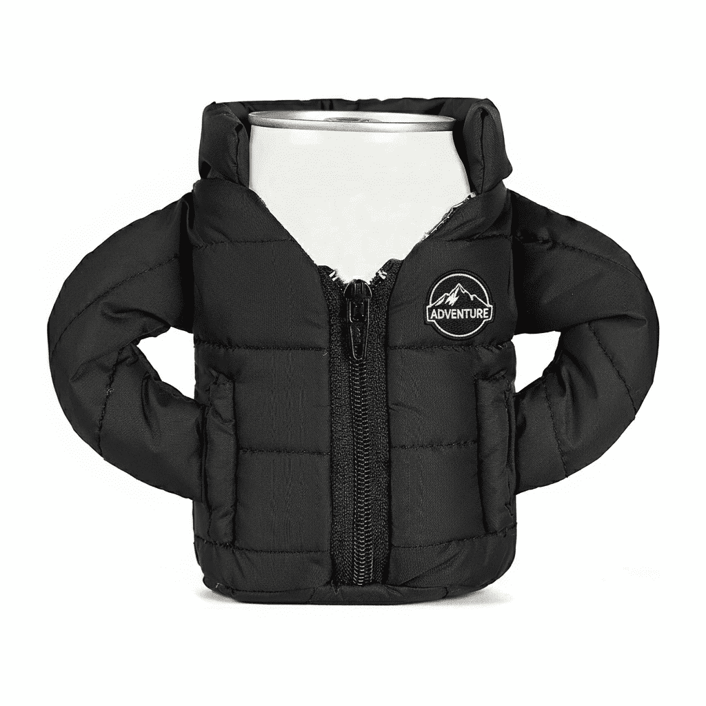 A black puffer jacket-styled stubby holder with arms, featuring a logo, designed for drink cans. Puffer Jacket Stubby Holder - Image 1