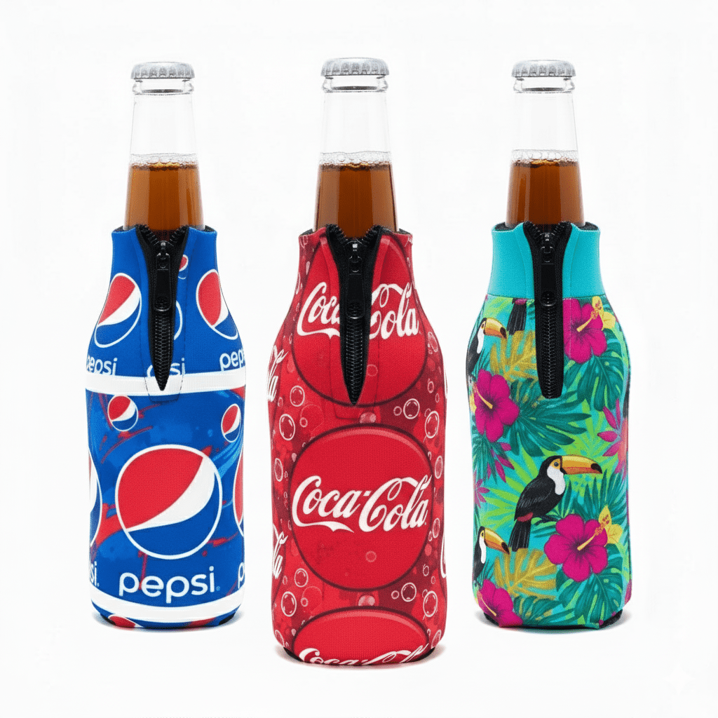 A drink bottle cooler set featuring vibrant designs in blue, red, and tropical patterns, each with a zip. Long Neck Bottle Cooler with Zip - Image 1