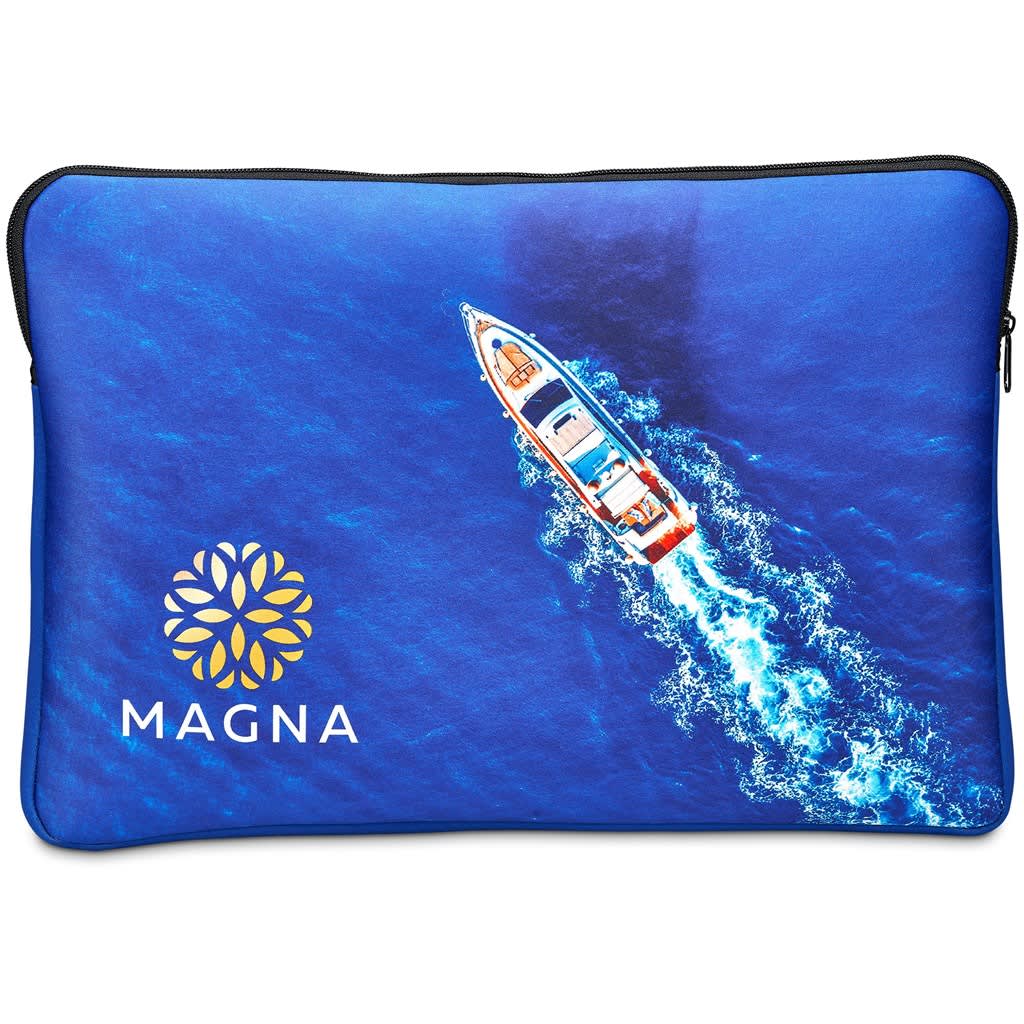 A premium neoprene laptop sleeve featuring a vibrant blue design with an image of a boat and a logo. 15" Premium Sublimated Neoprene Laptop Sleeve With Zipper - Image 1