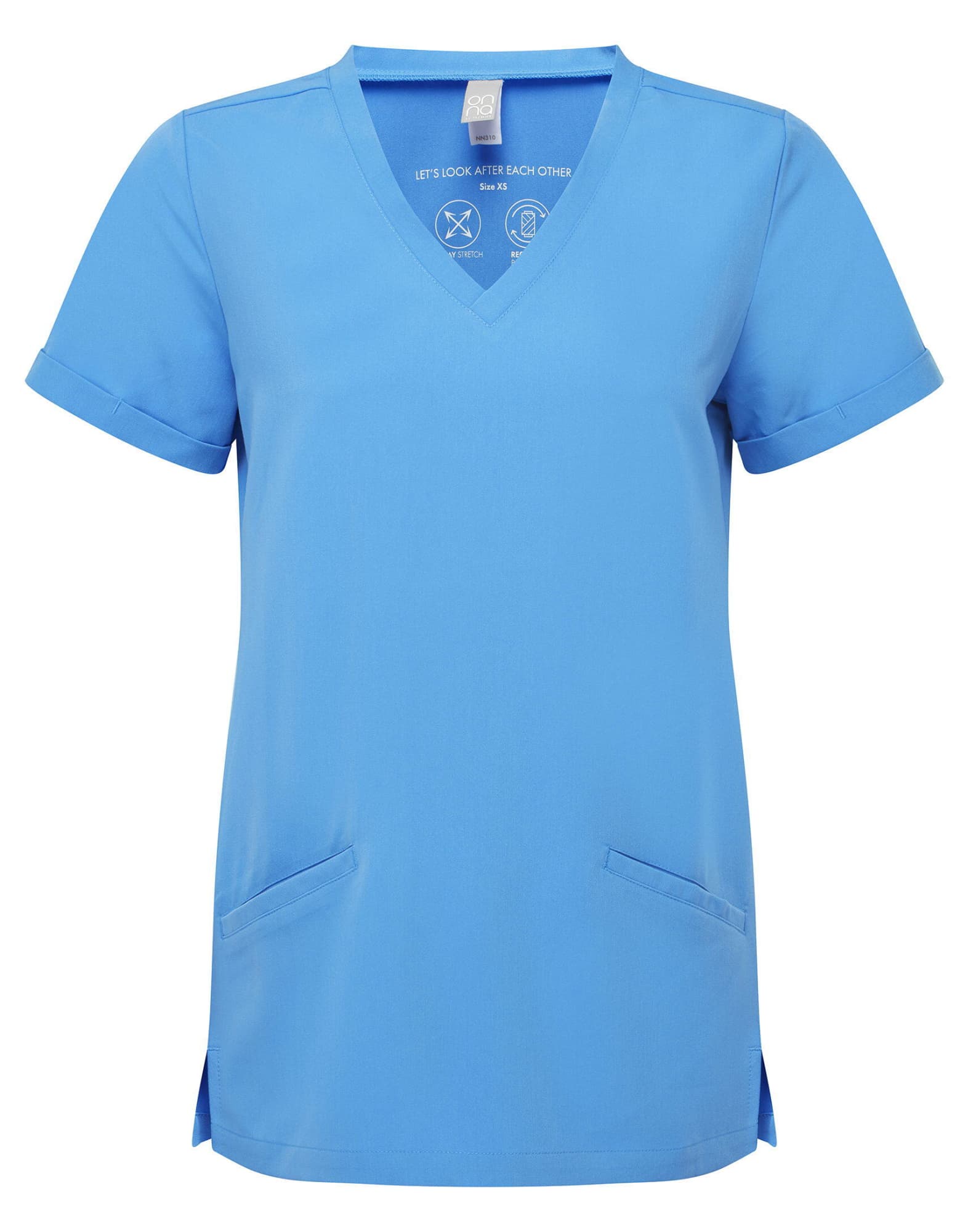 A blue women's tunic with a V-neck and short sleeves, featuring two front pockets and a logo. Womens Invincible Stretch Tunic - Image 1