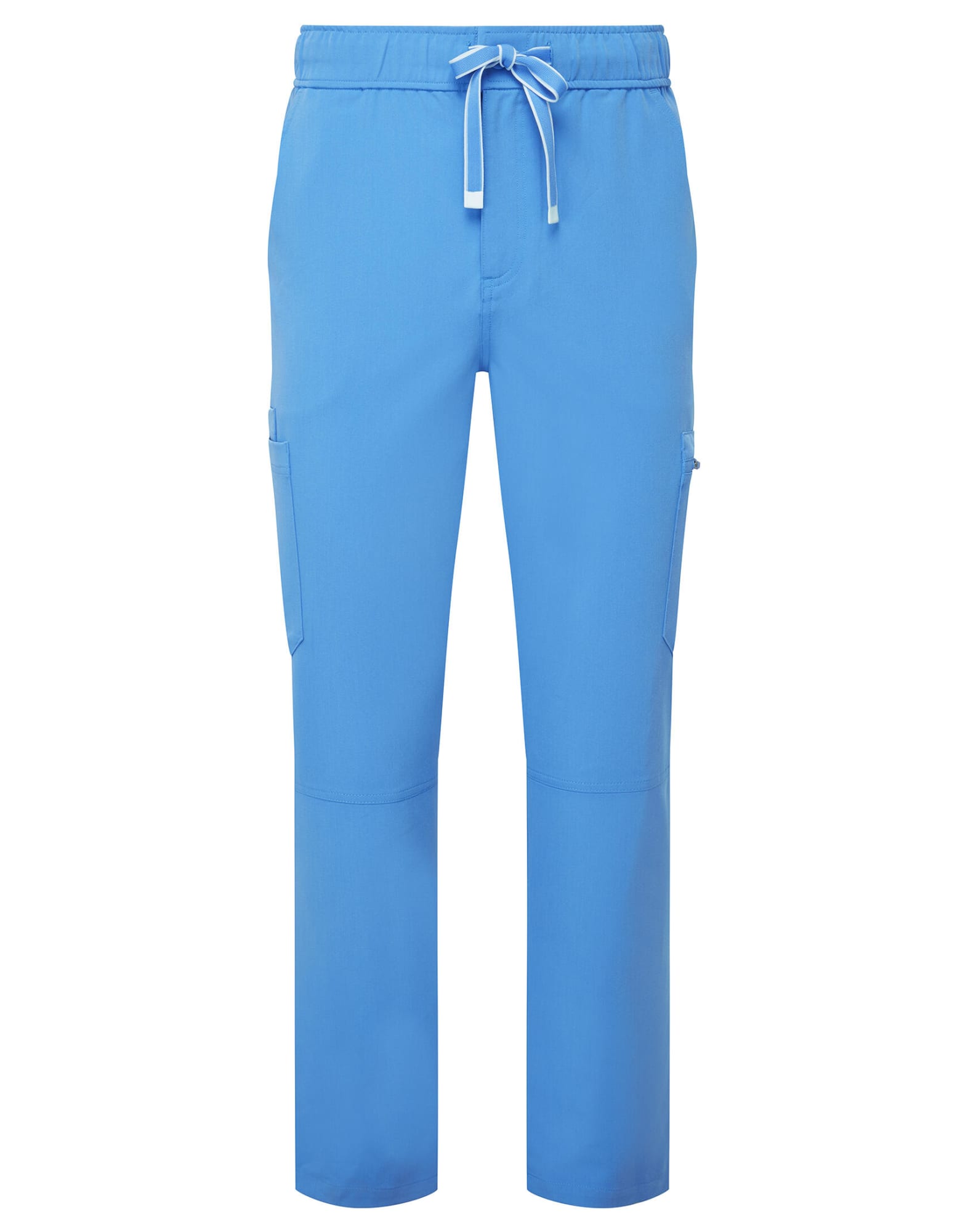 Blue cargo pants with a drawstring waist and side pockets, featuring a subtle branding logo. Relentless Stretch Cargo Pants - Image 1