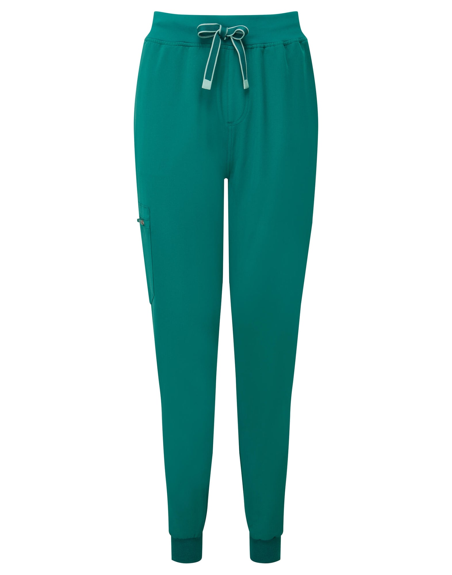 Teal jogger pants with a drawstring waist and elastic cuffs, featuring a side pocket and logo branding. Womens Energized Stretch Jogger Pants - Image 1