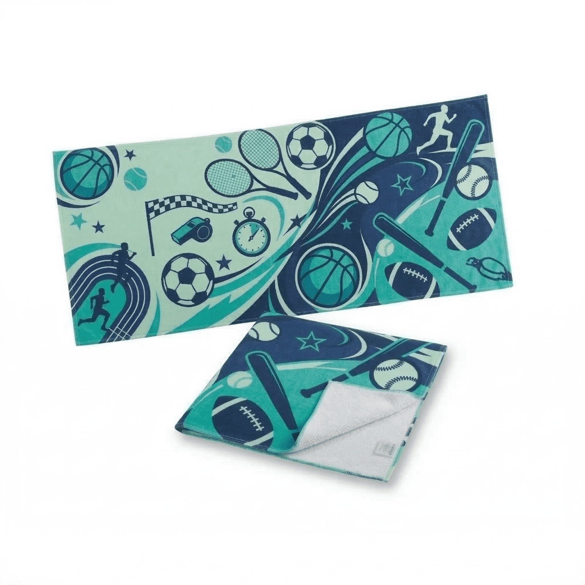 A sports-themed towel featuring a mix of blue and teal colours with various sporting icons and a logo. Measuring 85 x 40 cm. Cable Sports Fit Towel - 85 x 40cm - Image 1