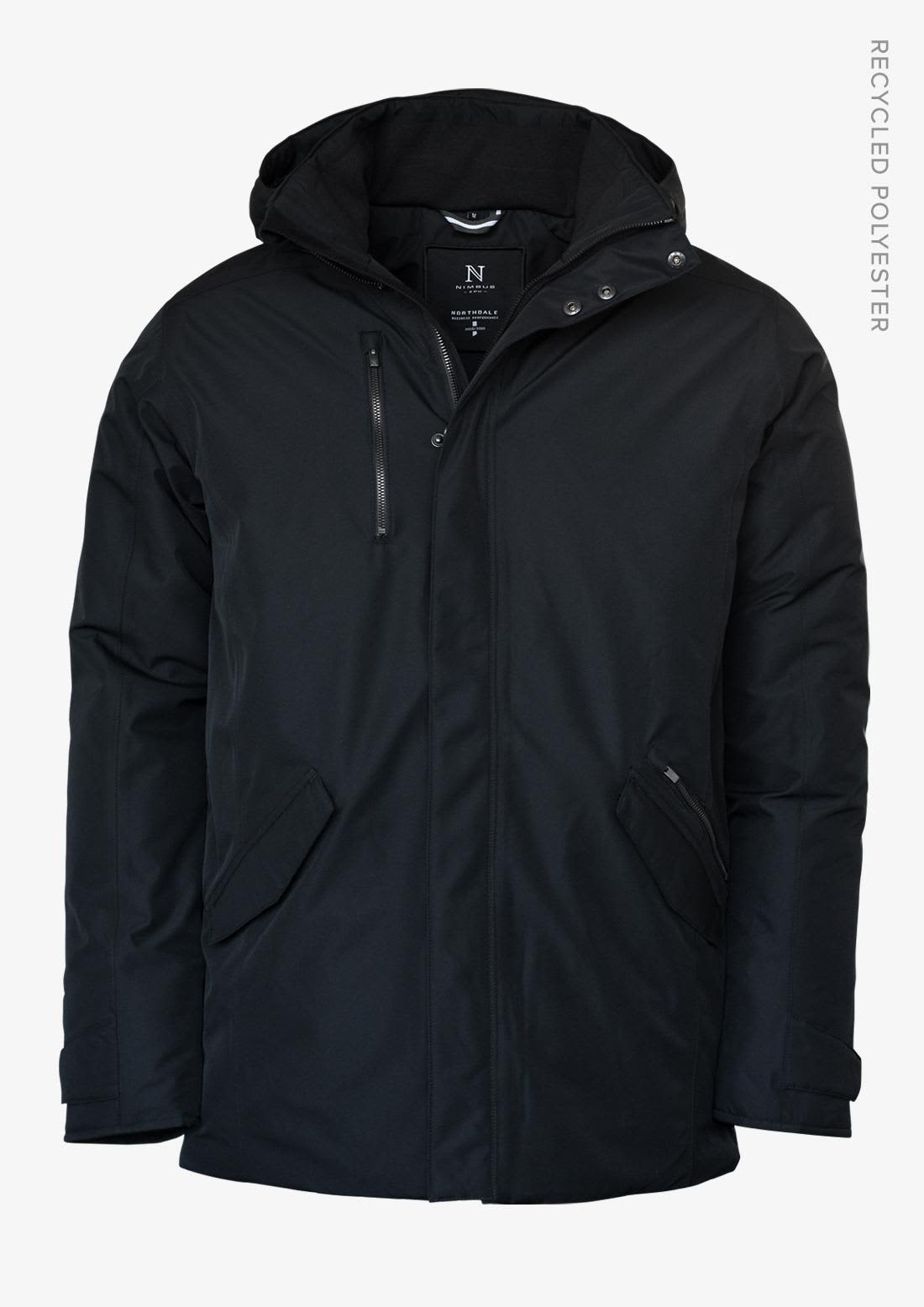 A black Northdale men's jacket featuring a hood and multiple pockets, made from recycled polyester, with a logo. Northdale Men Jacket - Image 1