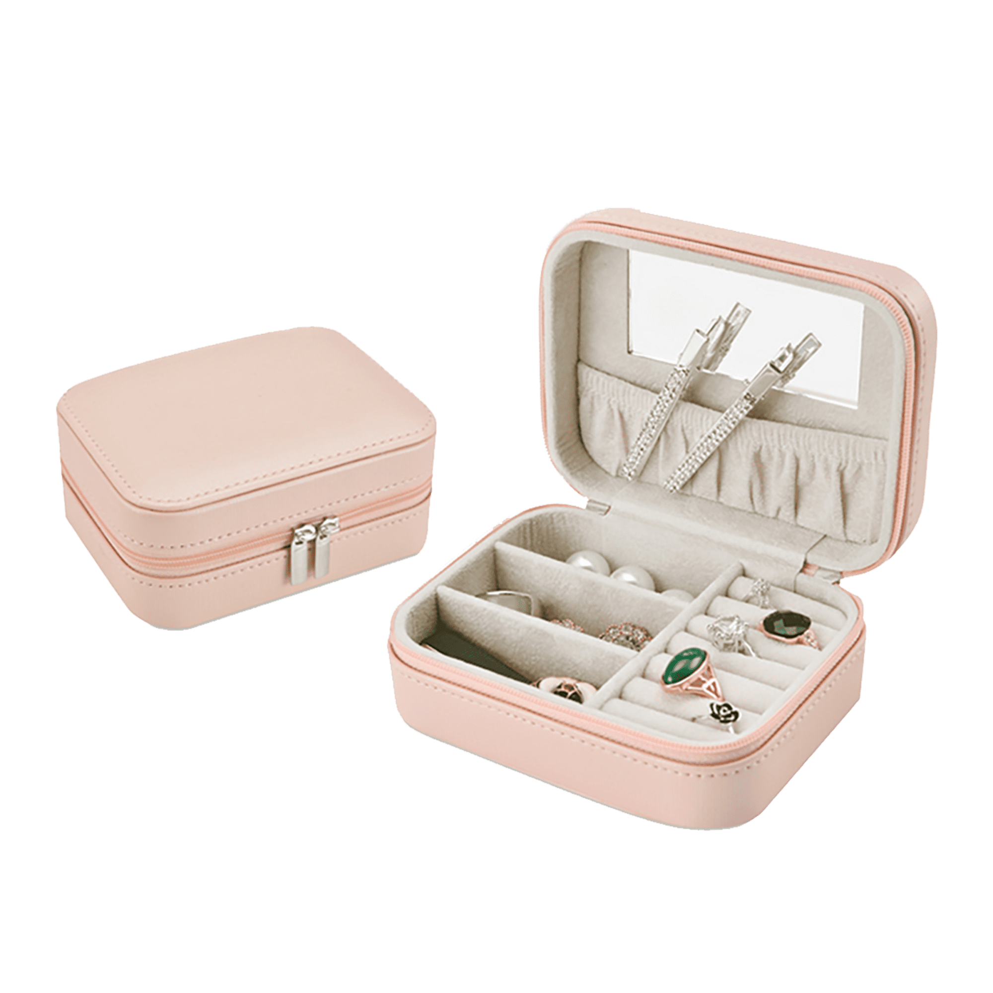 A pink jewellery box with a zip opening, featuring compartments for rings and a mirror inside. Little Jewel Box - Image 1