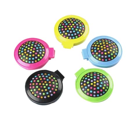 A set of five portable folding hair brushes with mirrors in pink, yellow, blue, black, and green, each featuring a polka dot design. Portable Travel Folding Hair Brush with Mirror - Image 1