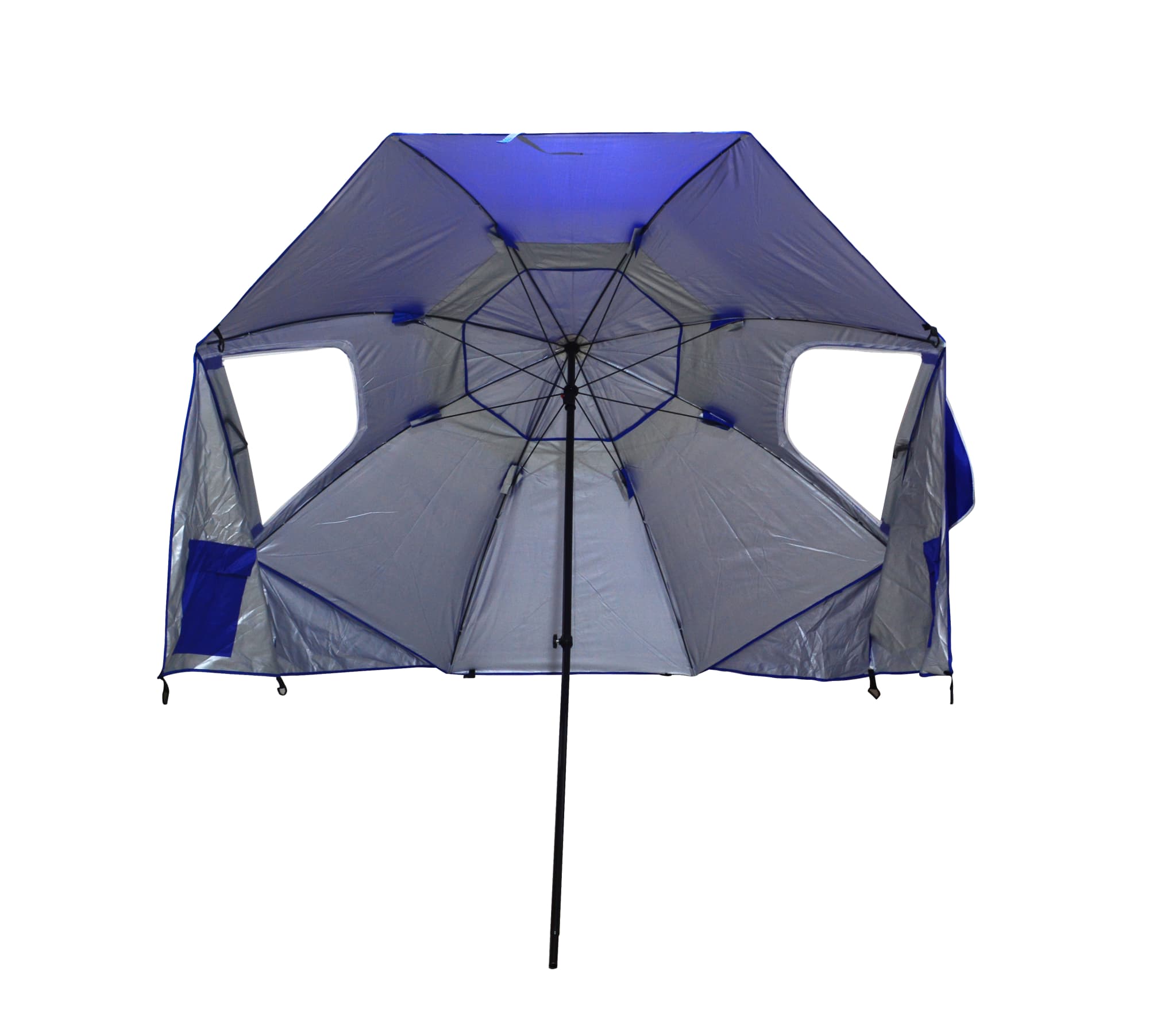 A portable umbrella features a blue and grey design, designed for all-weather protection with side flaps for added coverage. Portable All-Weather and Sun Umbrella - Image 1