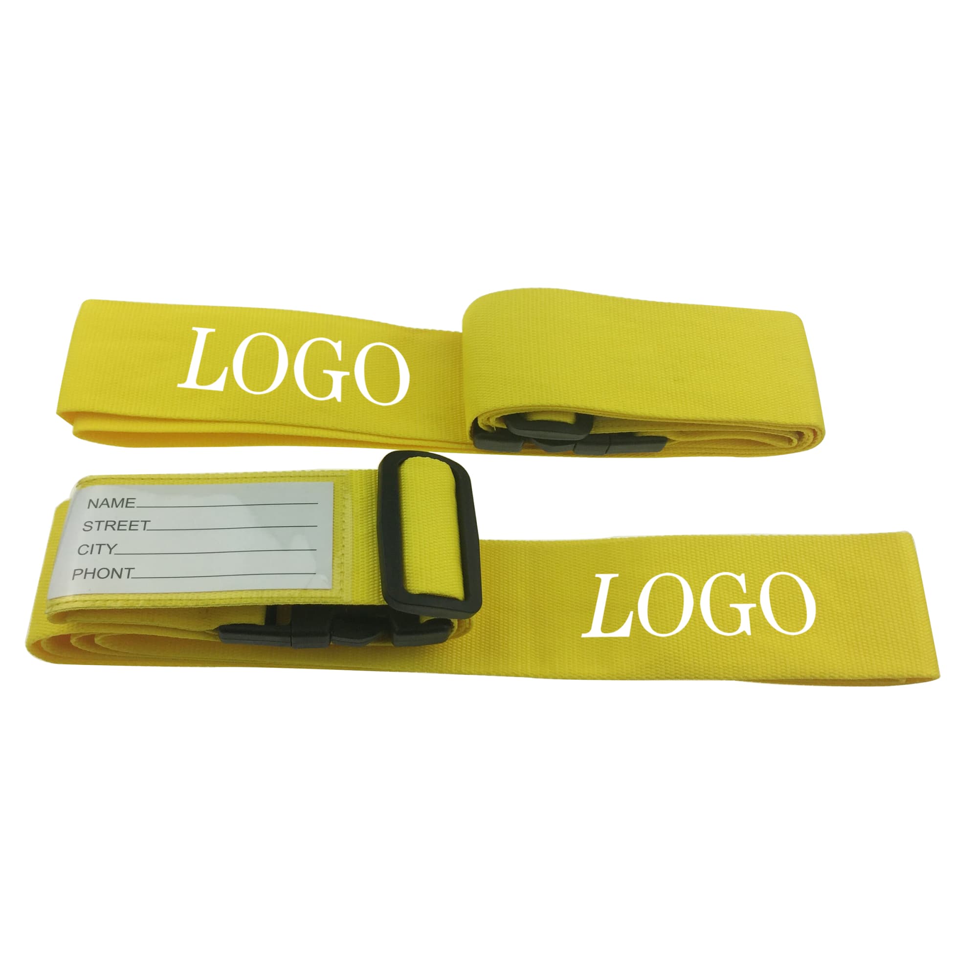 Yellow luggage straps with a clip and space for personal information, featuring a logo. Luggage Straps Suitcase Belts - Image 1
