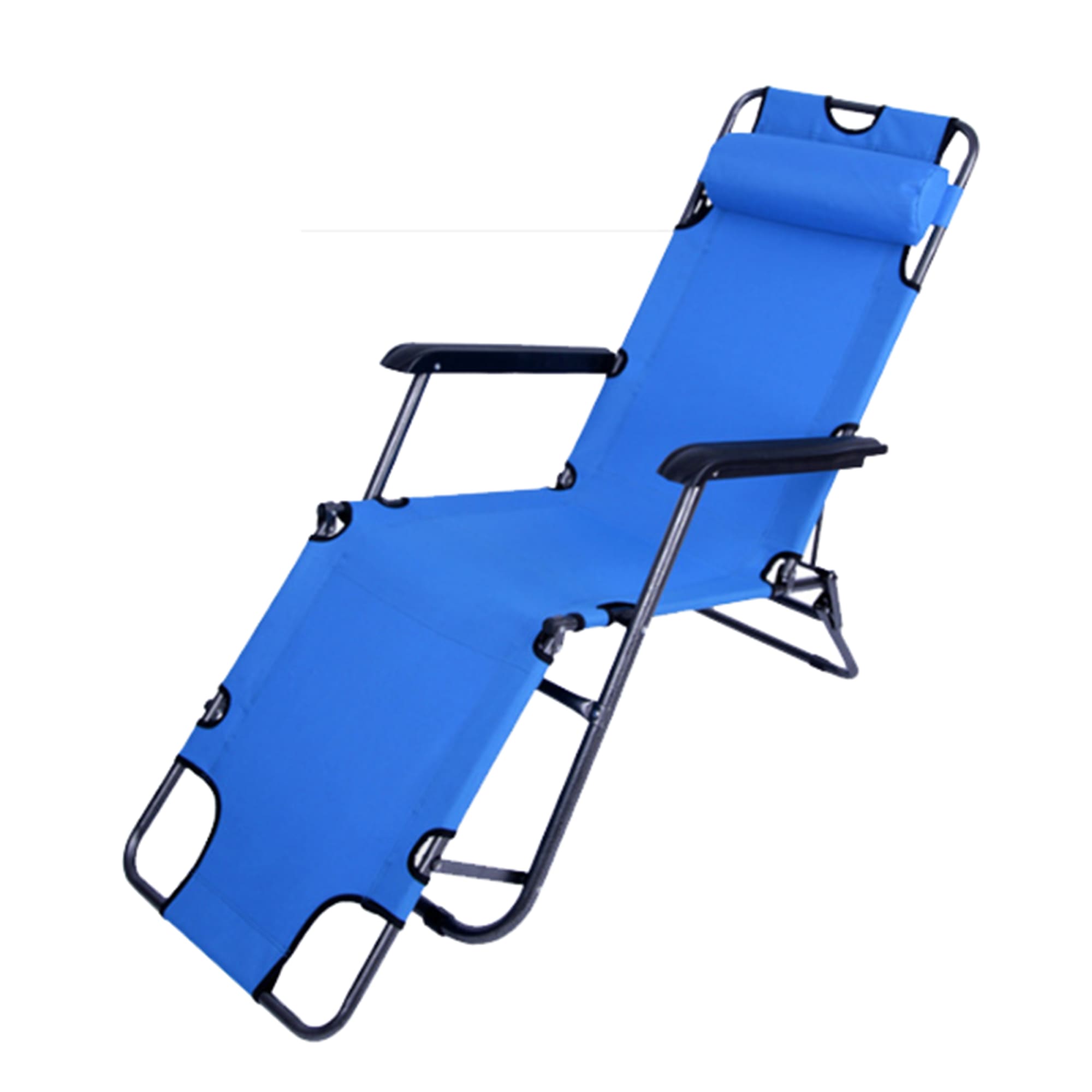 A blue lounge chair with a padded headrest and black metal frame, featuring adjustable recline positions. Lounge Chair - Image 1