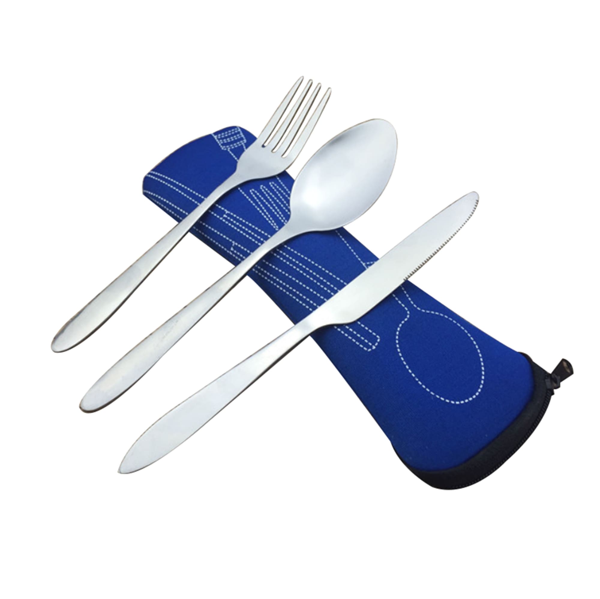 A blue neoprene case containing a fork, spoon, and knife set made of stainless steel. Portable Cutlery Set with Neoprene Case - Image 1