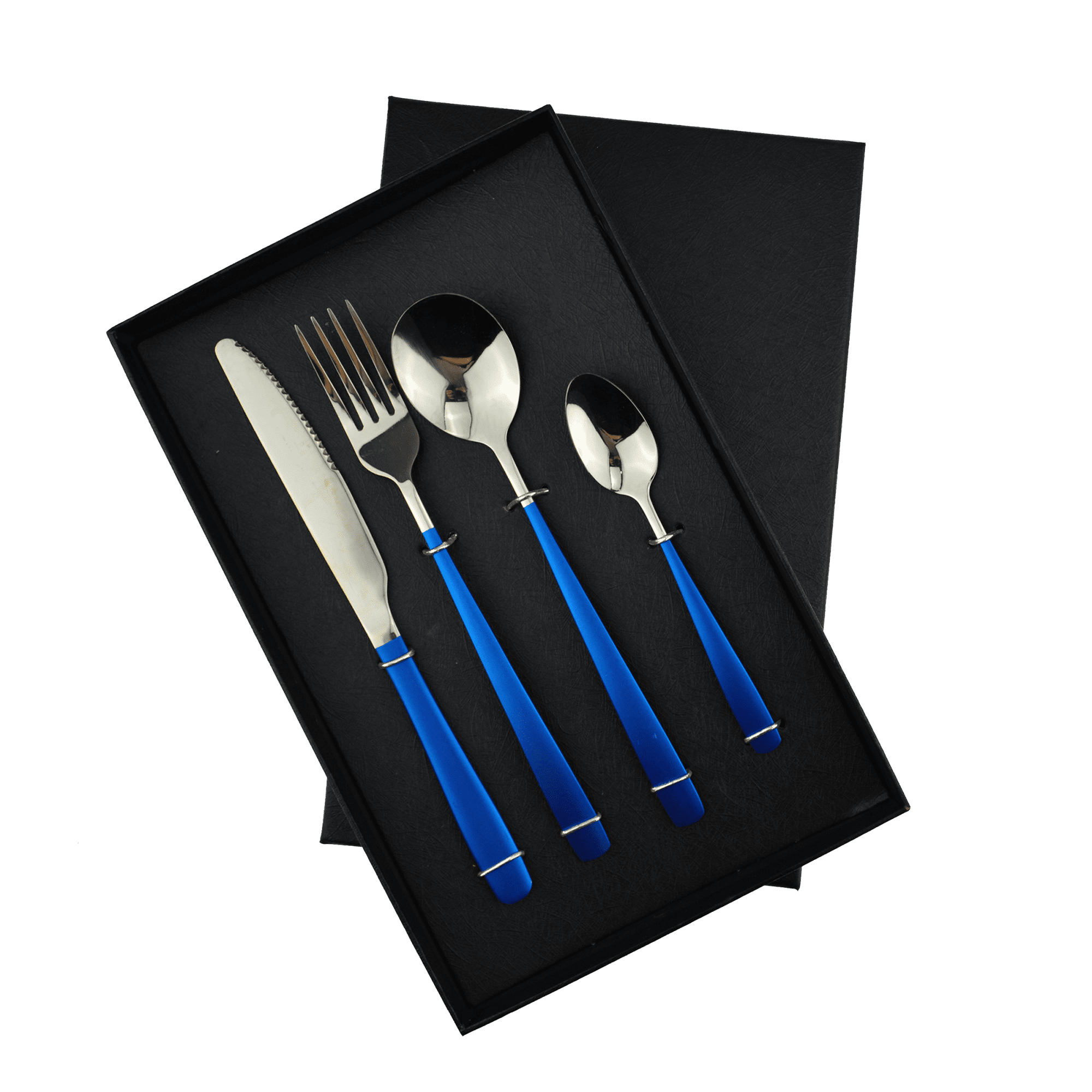 A dinner cutlery set featuring a knife, fork, and two spoons, with blue handles, presented in a black box. 4 Pieces Dinner Cutlery Set - Image 1