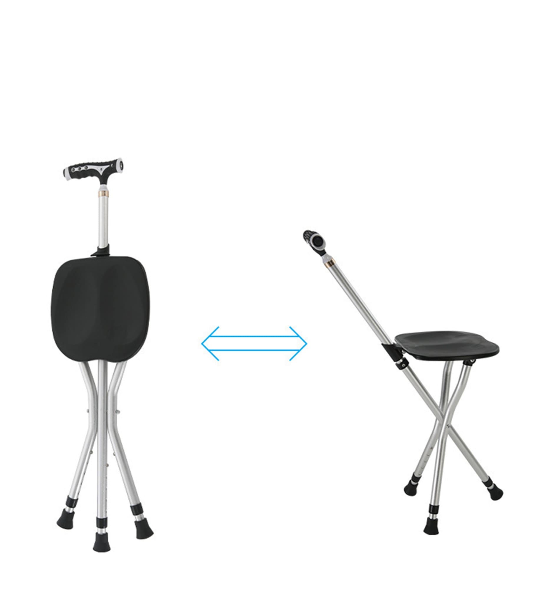 An adjustable cane stool in black and silver, featuring a handle and a compact folding design. Adjustable Cane Stool With Light - Image 1