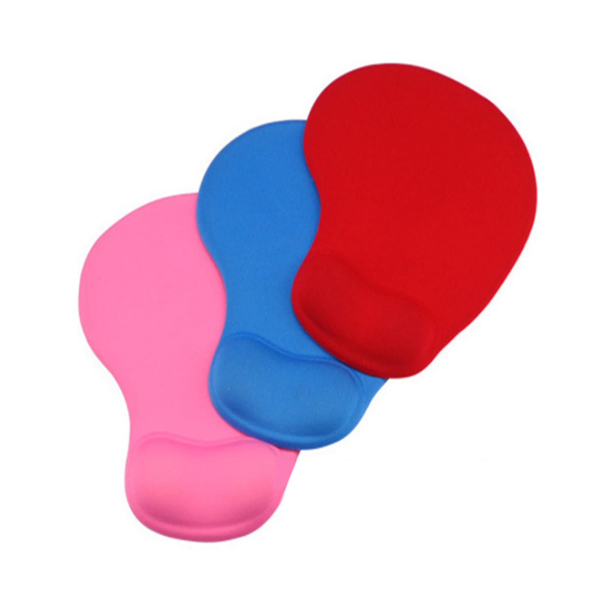 Three silicone mouse pads in pink, blue, and red, featuring a contoured wrist support. Each pad has a logo. Silicone Mouse Pad - Image 1