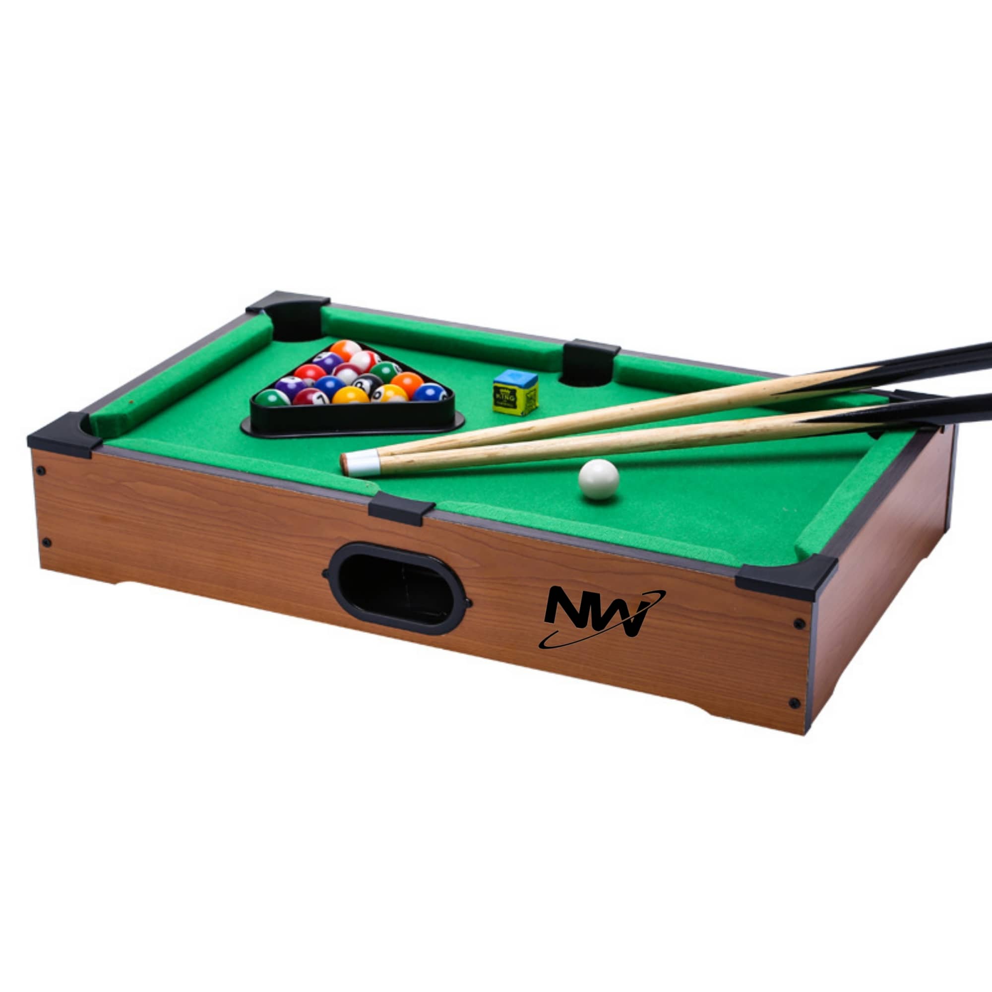 A mini billiard game featuring a green felt playing surface, wooden frame, pool balls, and two cue sticks. Mini Billiard Game - Image 1
