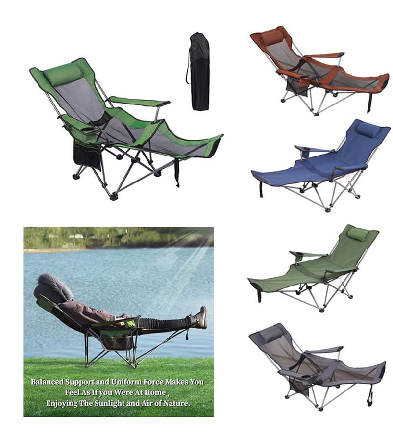 A range of camping lounge chairs in green, brown, blue, and grey, with a carrying bag and one chair reclined. Camping Lounge Chair - Image 1