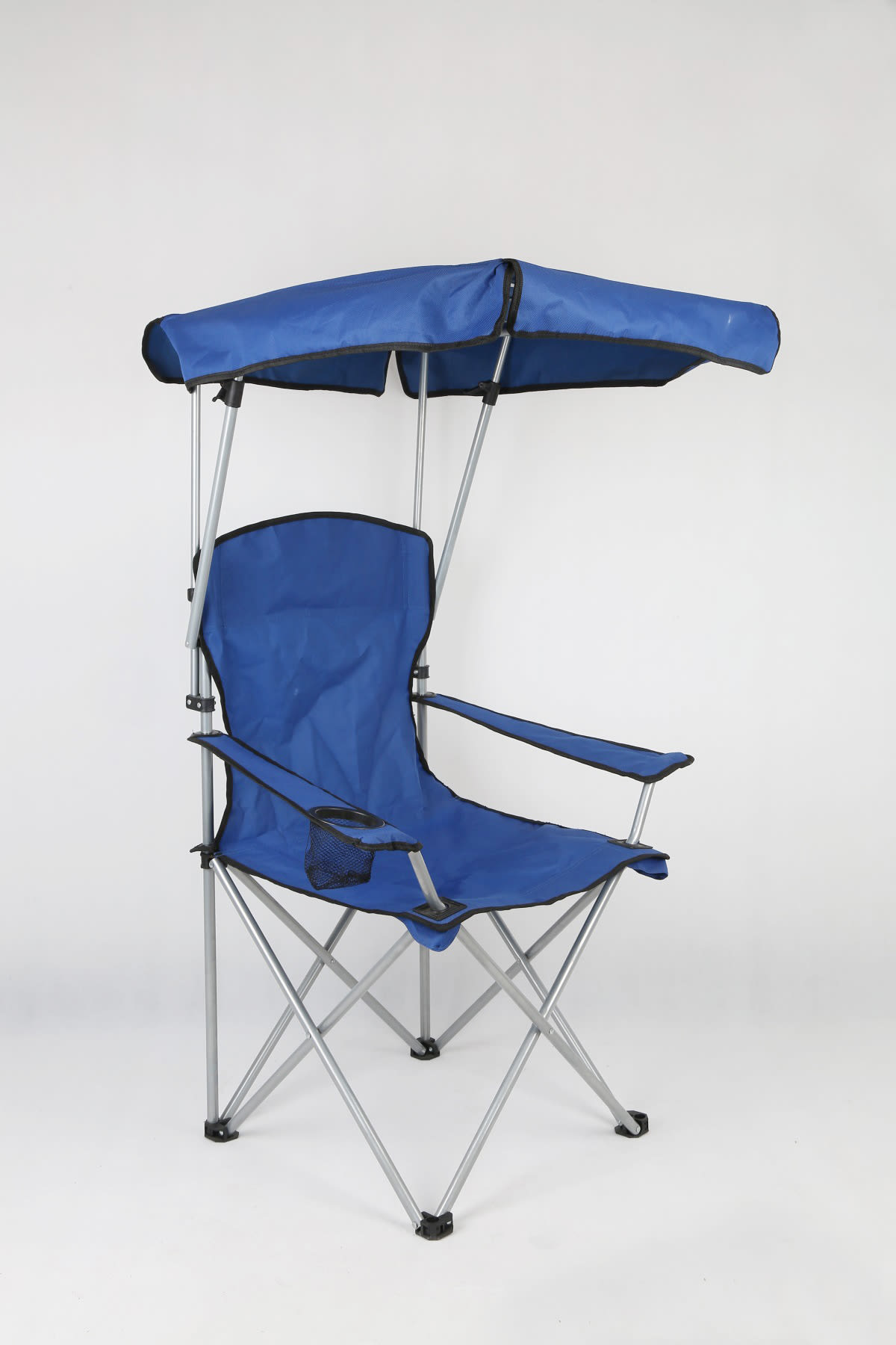 A blue folding beach chair with a canopy and a silver frame. Includes armrests and a mesh storage pocket. Folding Beach Chairs With Canopy - Image 1