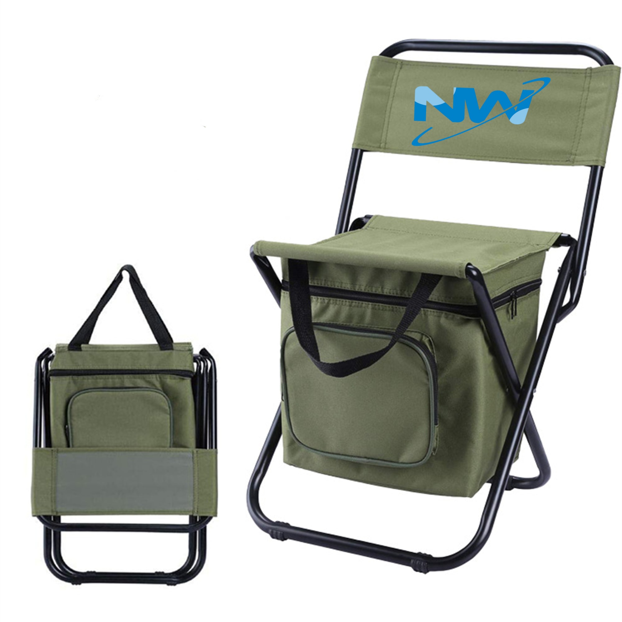 A folding chair in olive green with an insulated bag and a carry handle. The chair features a logo. Folding Chair With Insulation Bag - Image 1