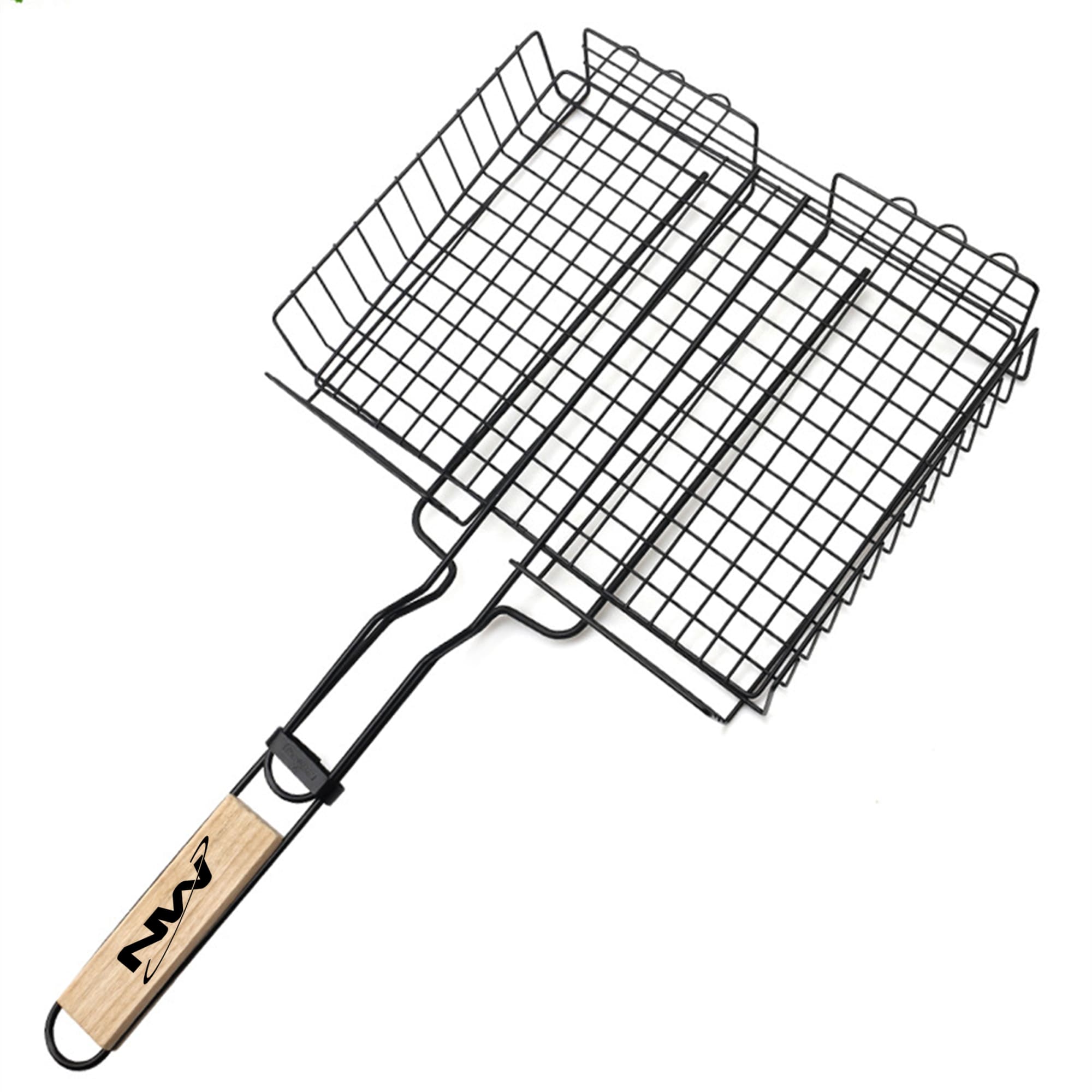 A barbecue net featuring a black wire grill and a wooden handle, designed for grilling food. Barbecue Net - Image 1