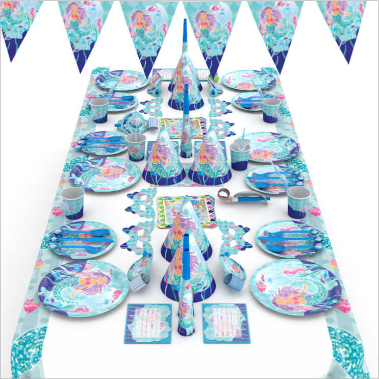 A party tableware set featuring ocean-themed designs in blue, teal, and pink, including plates, cups, and decorations. Customized Disposable Party Tableware 16 Set in One - Image 1